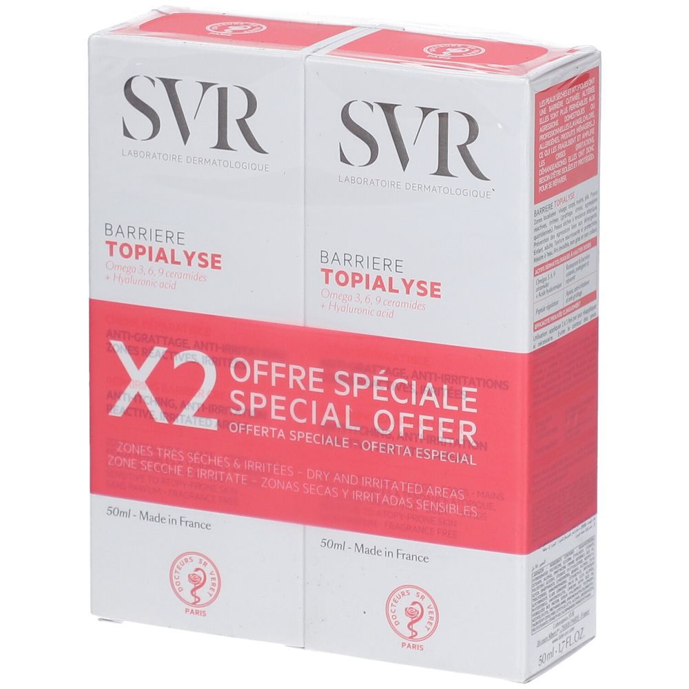 Duopack SVR Barriere Topialyse. Wit en rode verpakking met productnaam en logo. "Offre Spéciale" en "X2" zichtbaar.