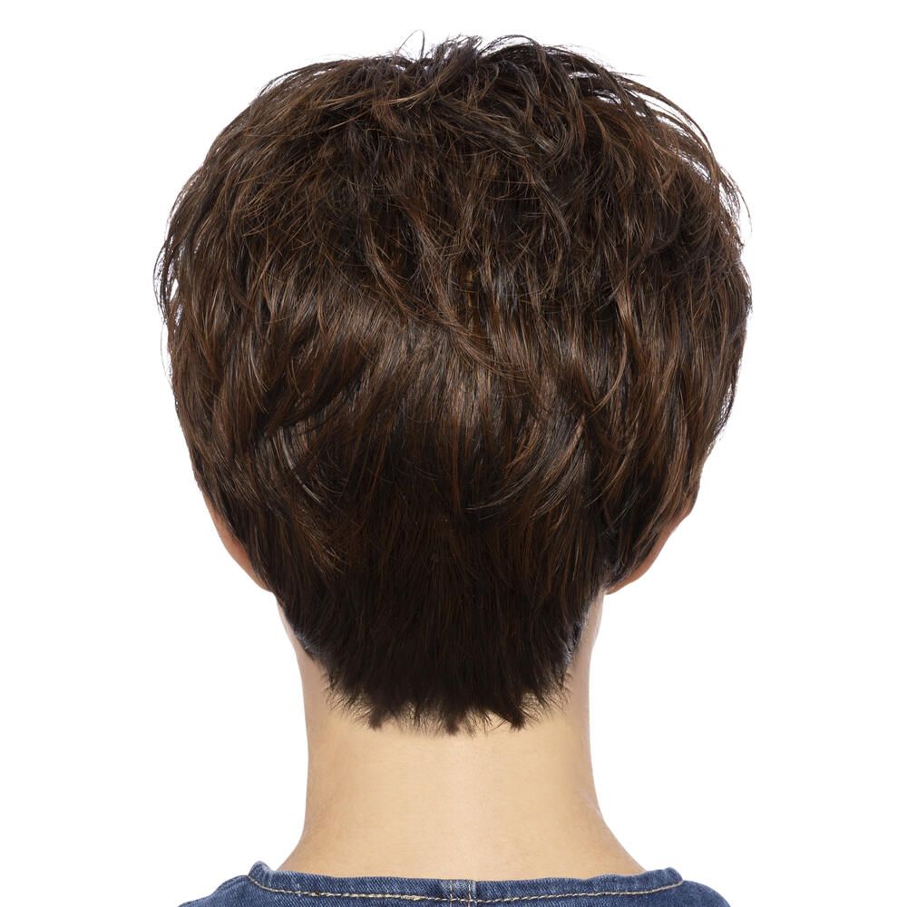 Kurzhaarperücke in Braun. Rückansicht.