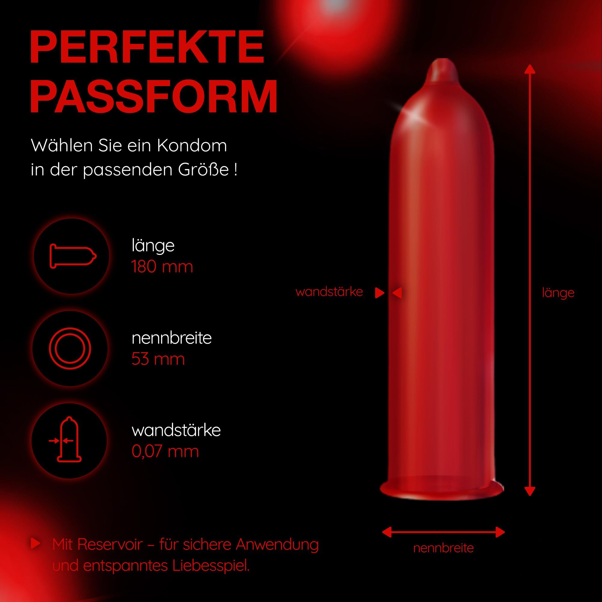 Rotes Vitalis Kondom, 53mm Nennbreite, 180mm Länge, 0,07mm Wandstärke. Mit Reservoir.