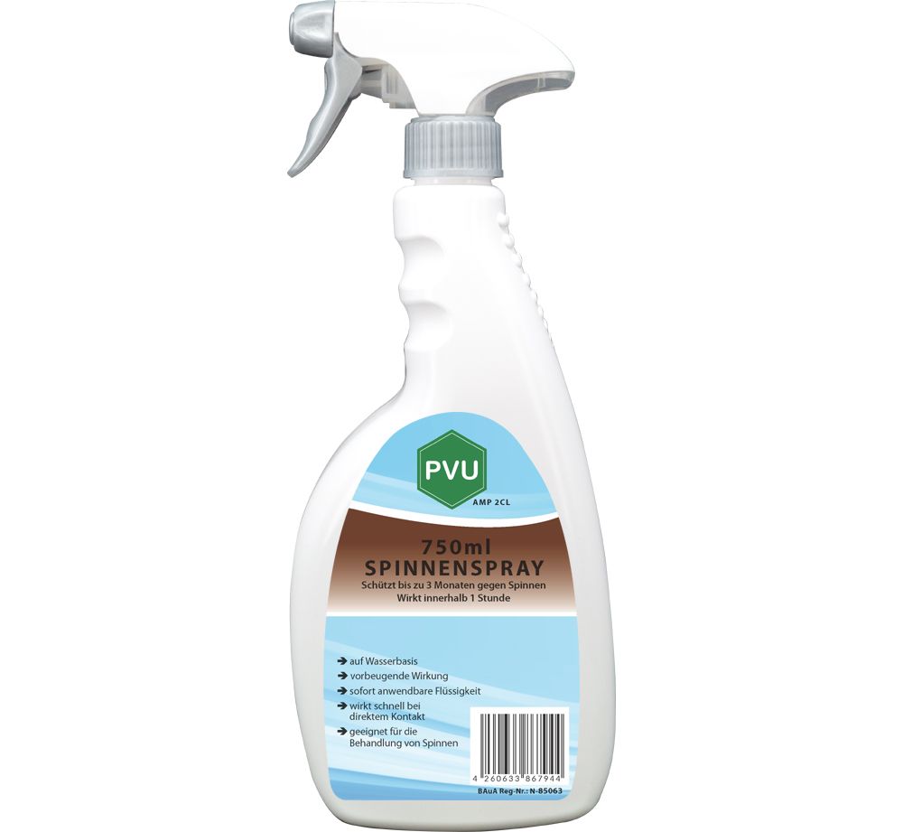 Weiße Sprühflasche mit grauem Sprühkopf. Aufschrift "PVU Spinnenspray" und "750ml".