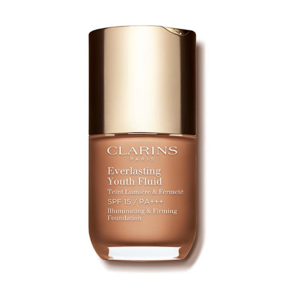 Clarins Everlasting Youth Fluid SPF 15. Flasche mit goldfarbenem Deckel und brauner Flüssigkeit. Text: Illuminating & Firming Foundation.