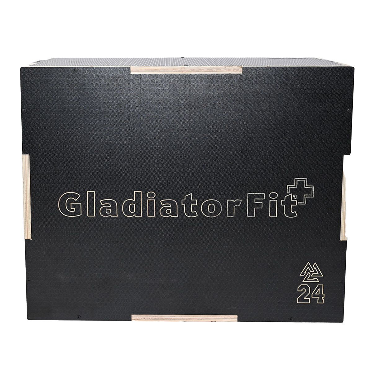 Schwarze Holz-Sprungbox mit dem Logo GladiatorFit und der Zahl 24. Eckverbindungen aus hellem Holz.
