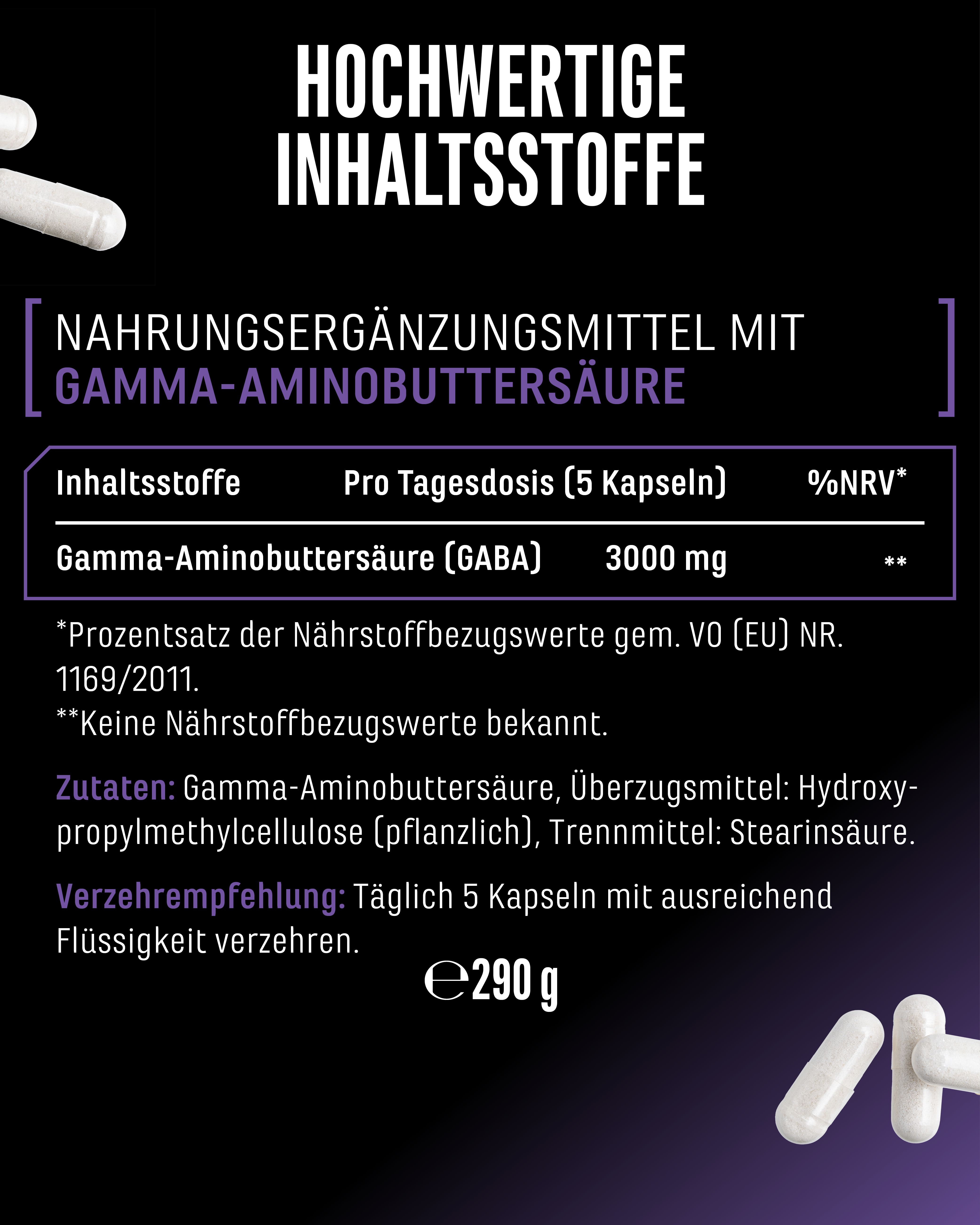 Nahrungsergänzungsmittel mit Gamma-Aminobuttersäure. Inhaltsstoffe, Dosierung, %NRV. Zutaten, Verzehrempfehlung. E290 g.