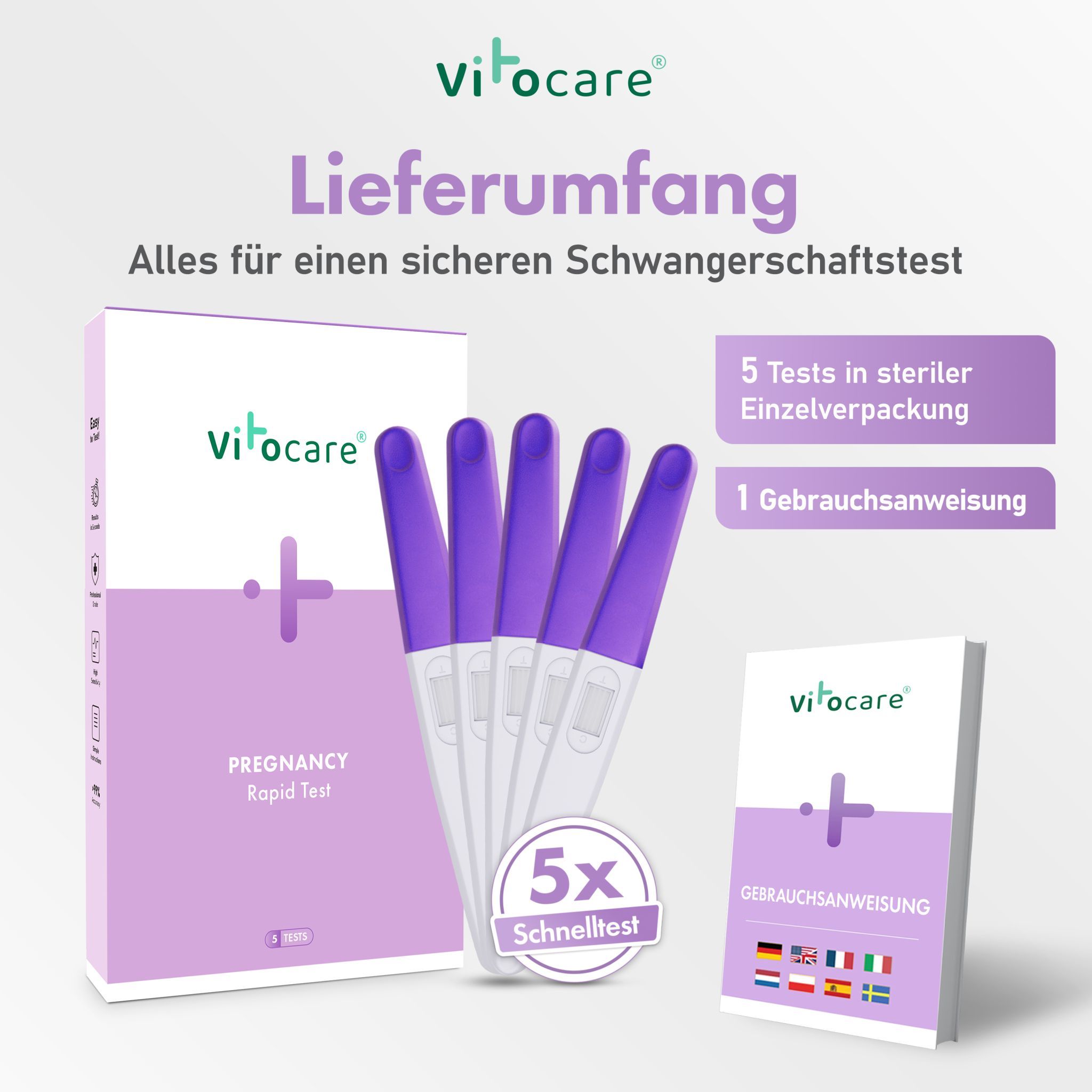 Packung, 4 Tests und Gebrauchsanweisung. Aufschrift "Lieferumfang". 5 Tests in steriler Einzelverpackung. Gebrauchsanweisung.