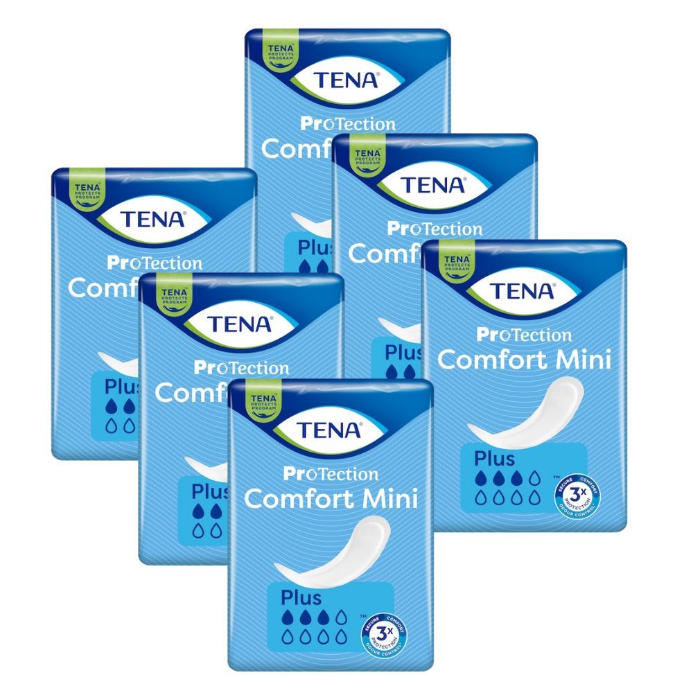 Mehrere Packungen TENA Comfort Mini Plus. Blaue Verpackung mit Produktbezeichnung und Tropfensymbol. Einzelne Einlage sichtbar.