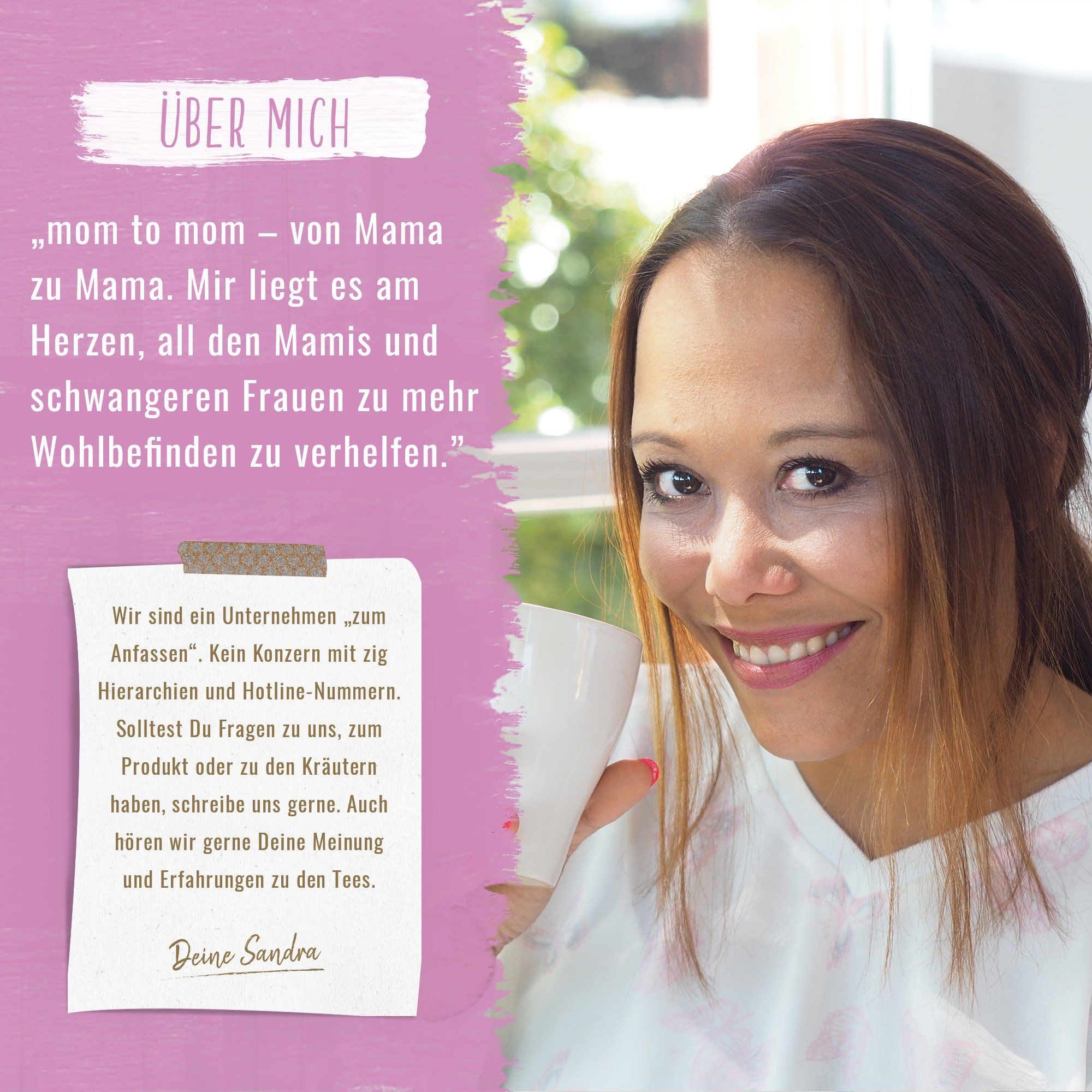 Frau lächelt. Text: mom to mom - von Mama zu Mama. Text: Mir liegt am Herzen, allen Mamis und schwangeren Frauen zu mehr Wohlbefinden zu verhelfen.