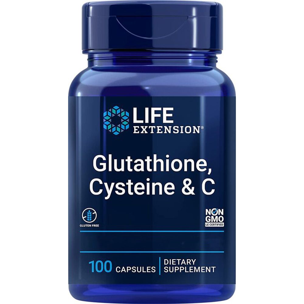 Blaue Flasche mit Kapseln. Aufschrift: Life Extension Glutathione, Cysteine & C. 100 Kapseln. Glutenfrei, Non-GMO.