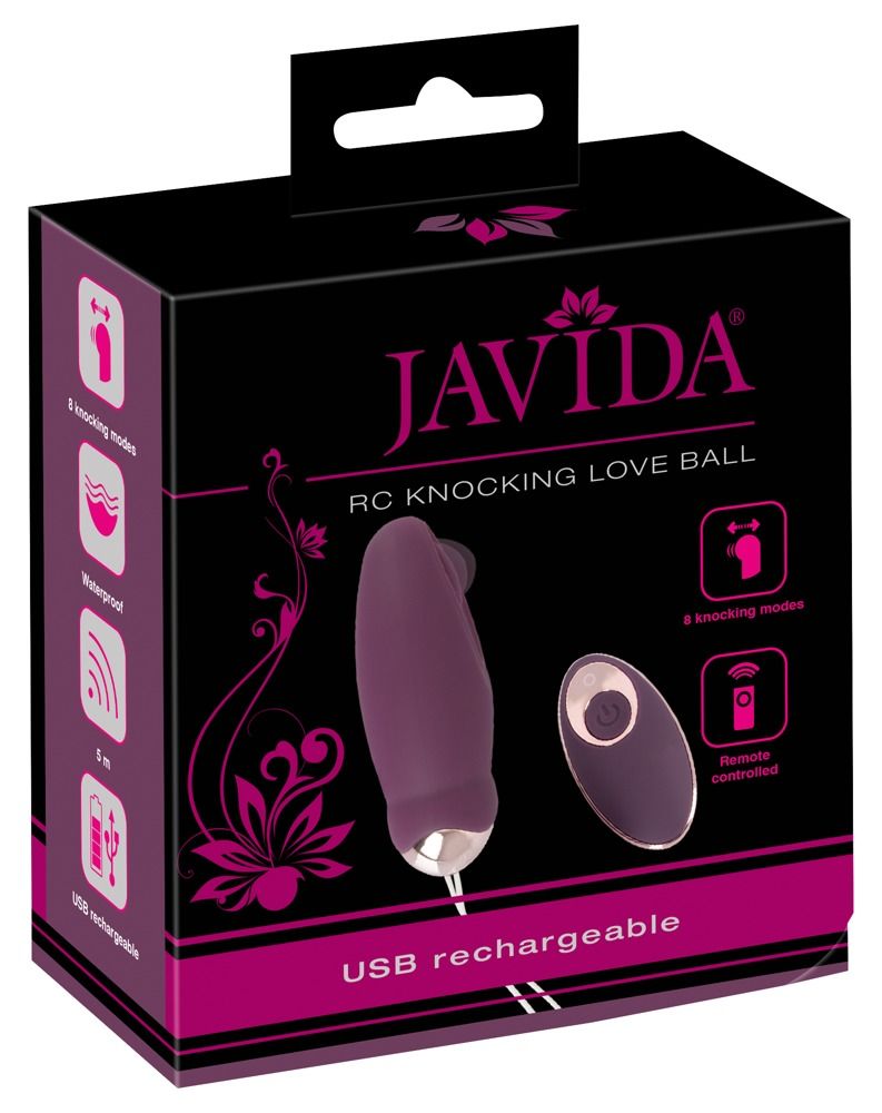 Produktverpackung. Enthält Javida RC Knocking Love Ball, Vibrator und Fernbedienung. USB-Aufladung.