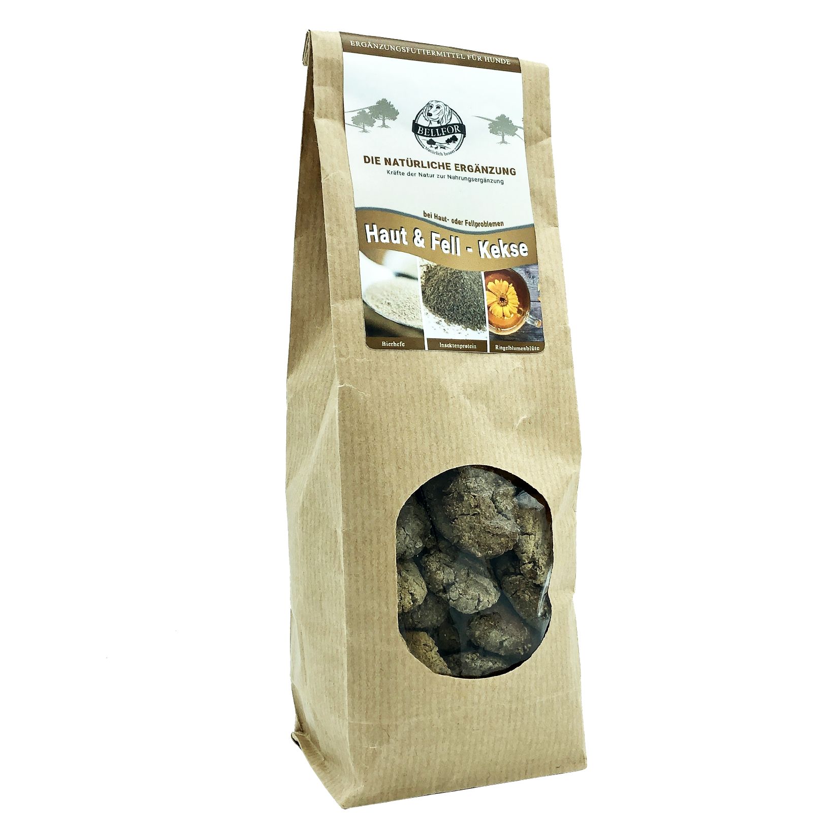 Produktverpackung aus braunem Papier. Sichtfenster mit Hundekeksen. Text: Haut & Fell - Kekse.