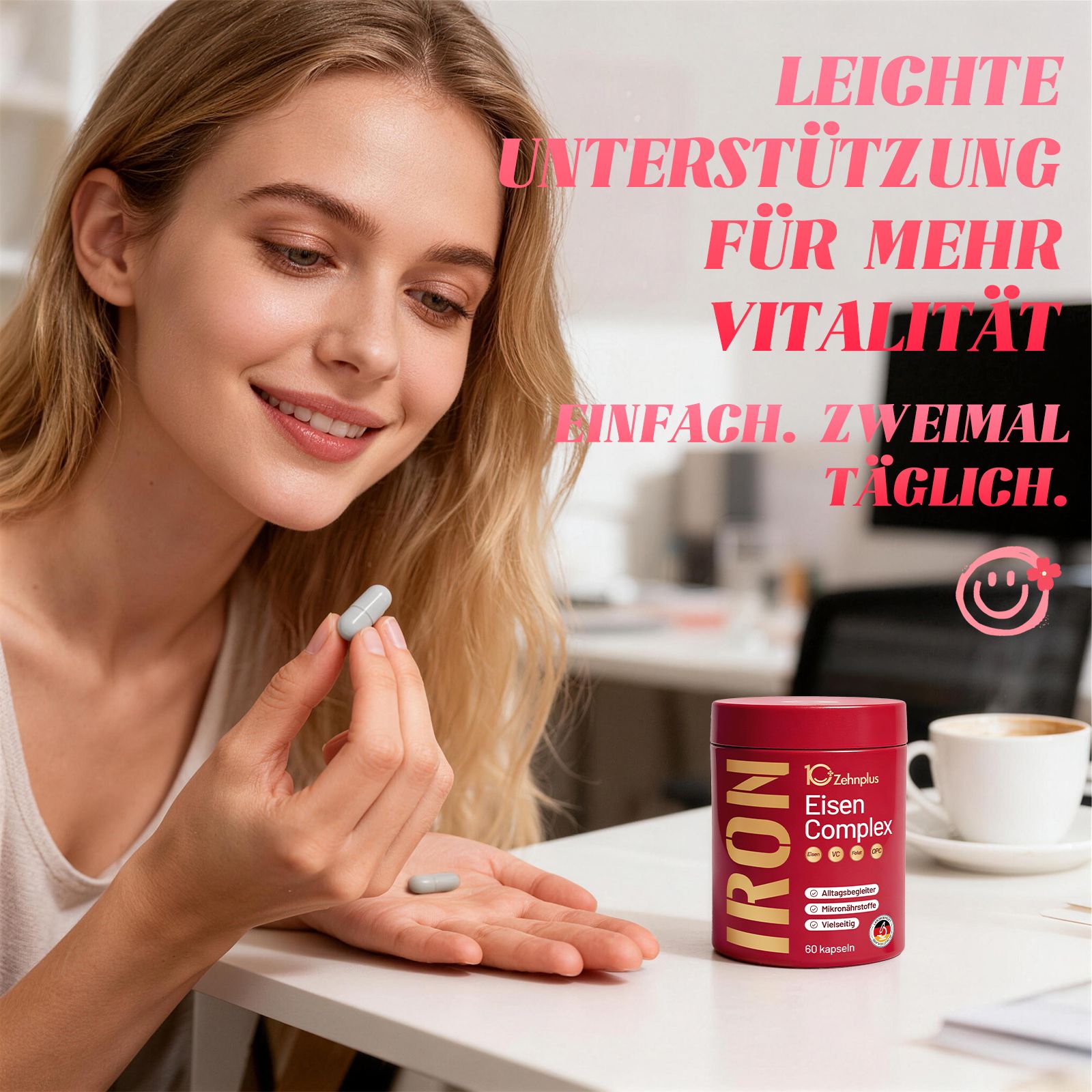 Rote Dose mit Eisen Complex Kapseln. Eine Frau hält eine Kapsel in der Hand.