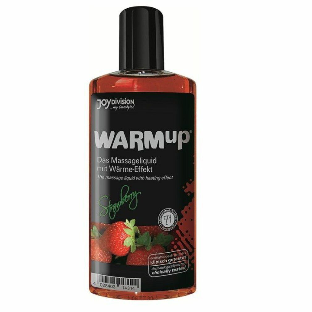 Flasche mit roter Flüssigkeit und schwarzem Verschluss. Aufschrift: WARMUP, Erdbeer-Liquid. Mit Erdbeeren im Hintergrund.