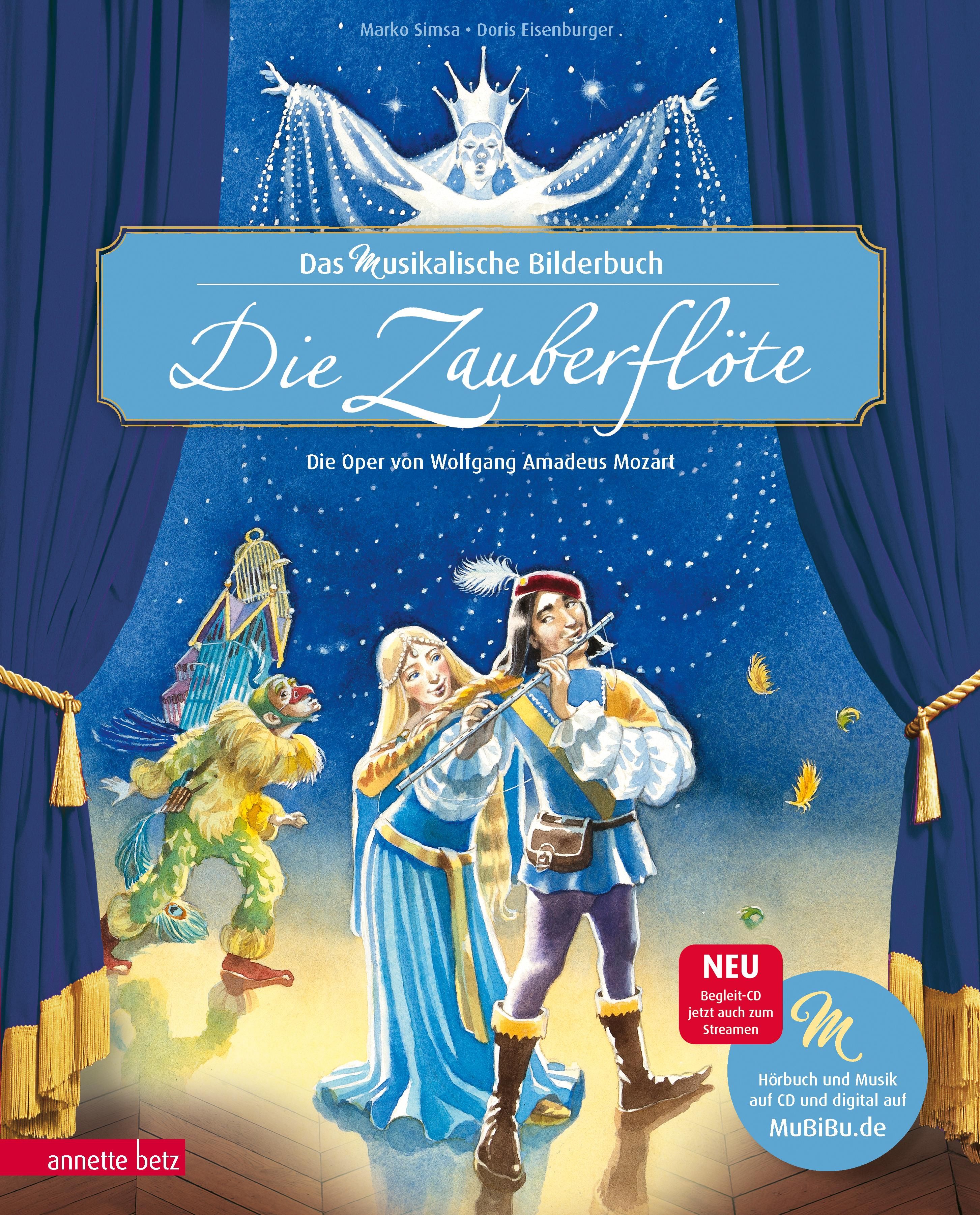 Buchcover: "Die Zauberflöte". Illustrationen von Figuren vor blauem Vorhang. Titel und Autorennamen. Logo "MuBiBu".