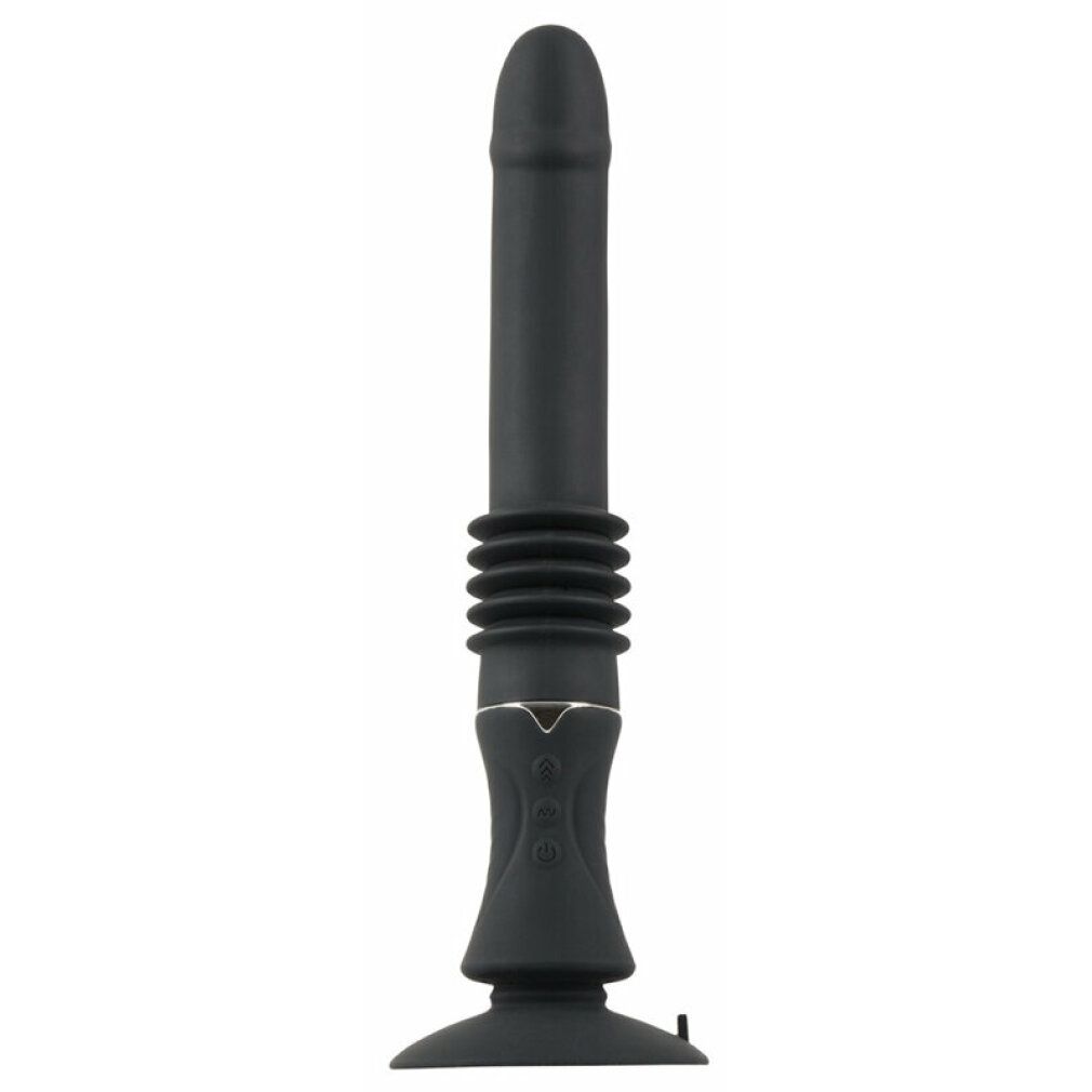 Schwarzer Vibrator mit abgerundeter Spitze, geriffelter Mitte und Saugfuß. Silberfarbene Akzente.
