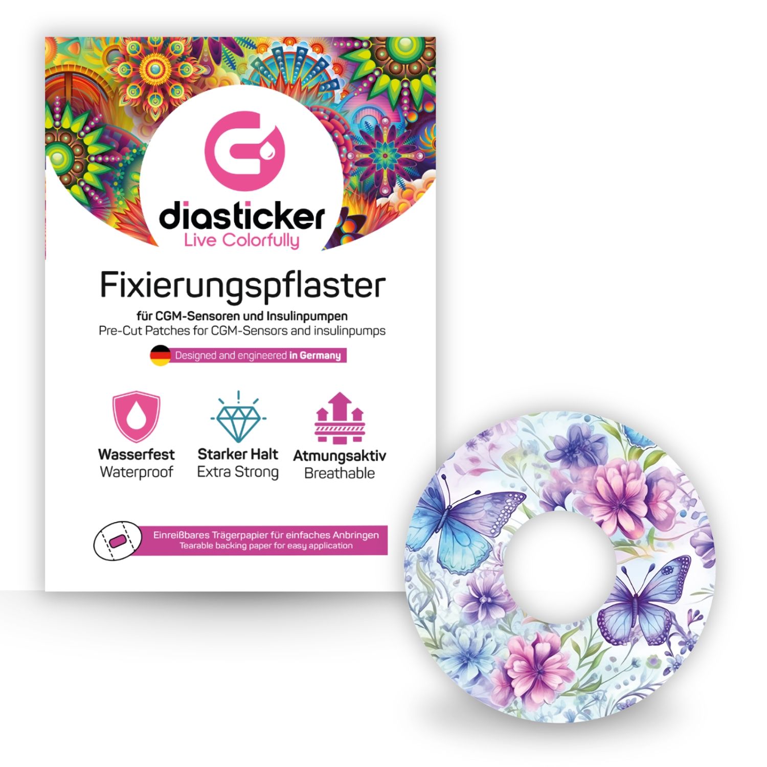 Fixierungspflaster mit floralem Muster und Schmetterlingen. Verpackung mit Produktinformationen und Logo.