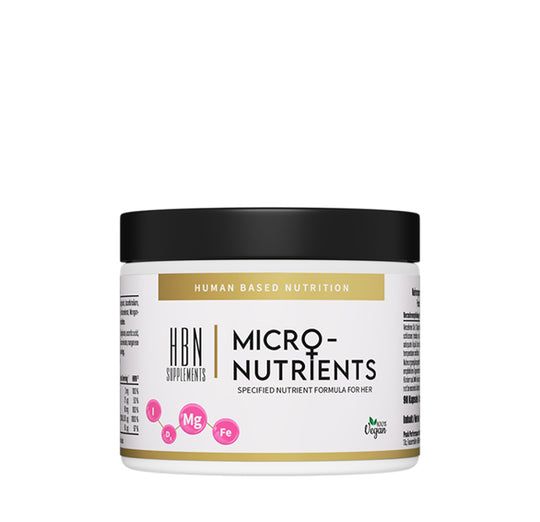 Weißes Supplement-Glas mit schwarzem Deckel. Aufschrift: HBN Supplements, Micronutrients, vegan. Rosa Kreise mit Mg und Fe.