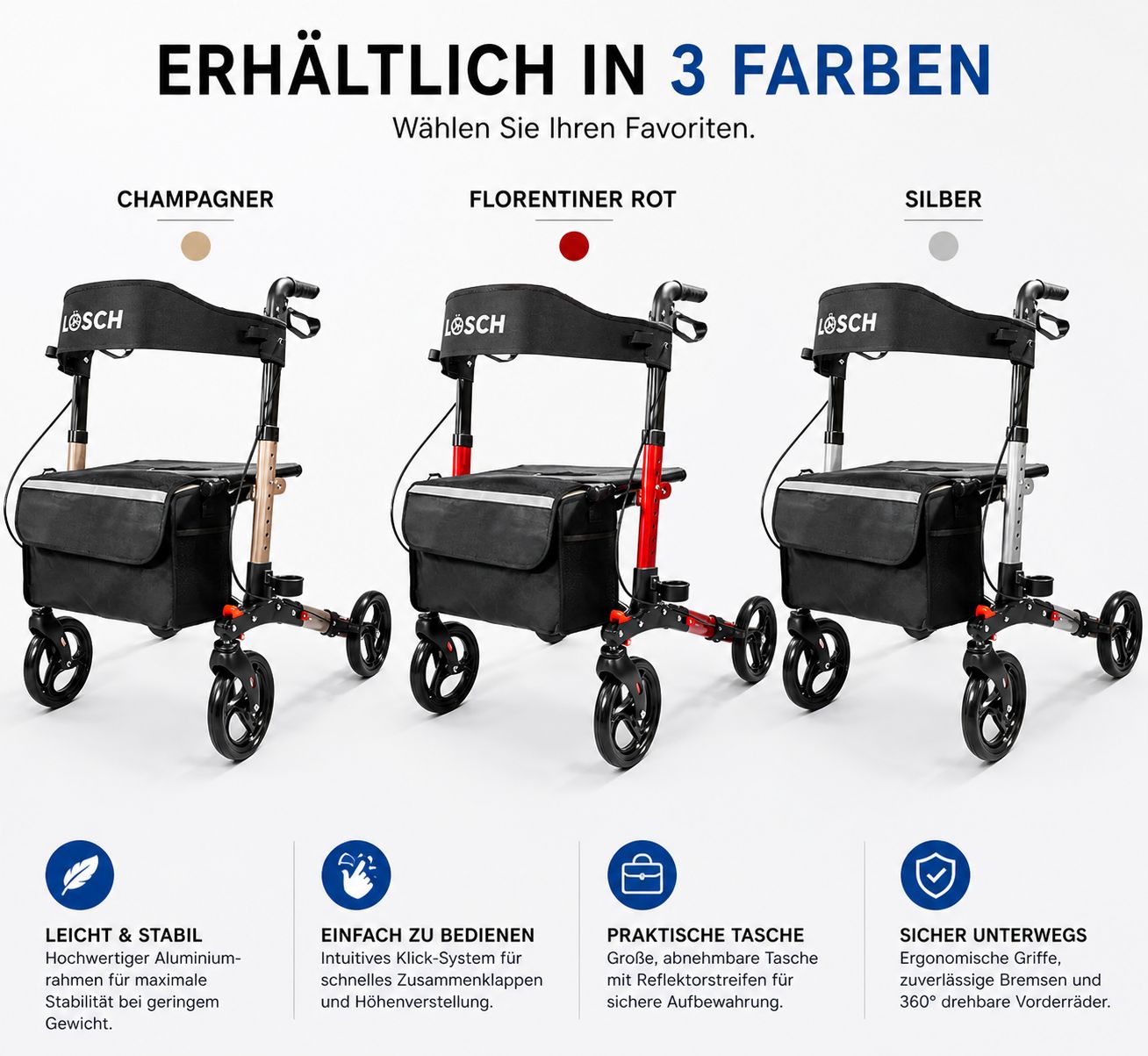 Rollator in drei Farben: Champagner, Florentiner Rot und Silber. Leicht und stabil, einfach zu bedienen, praktische Tasche.