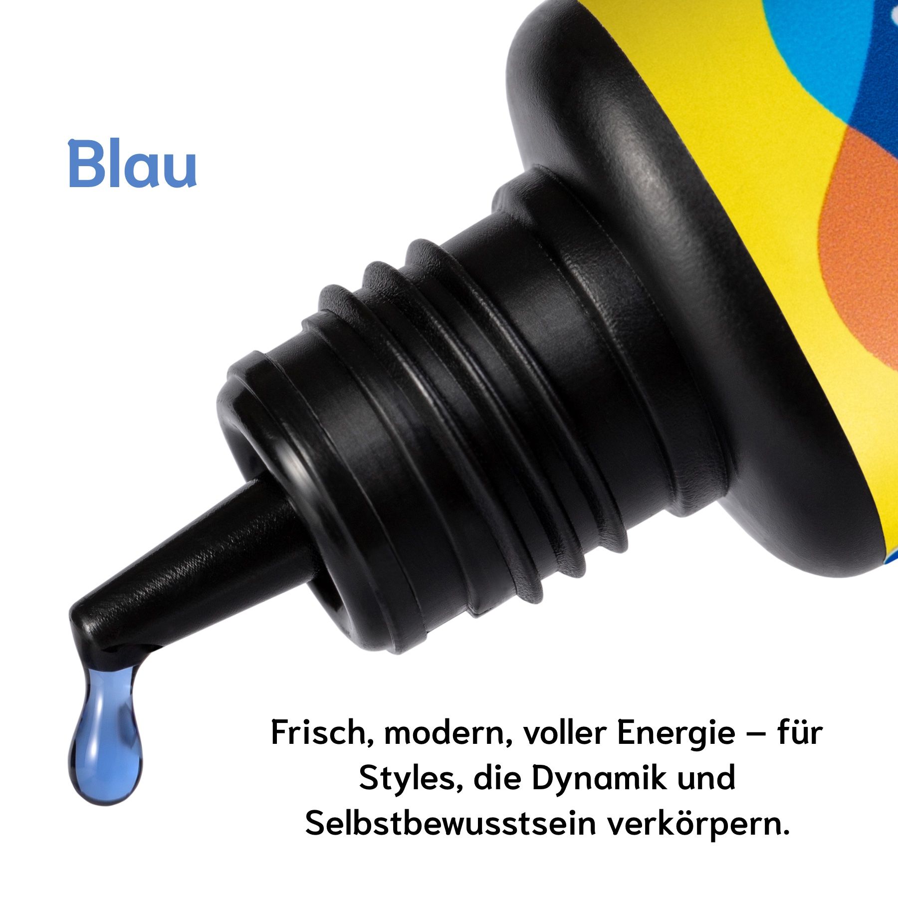 Blaue Flüssigkeit tropft aus einer schwarzen Flasche. Text: Frisch, modern, voller Energie.
