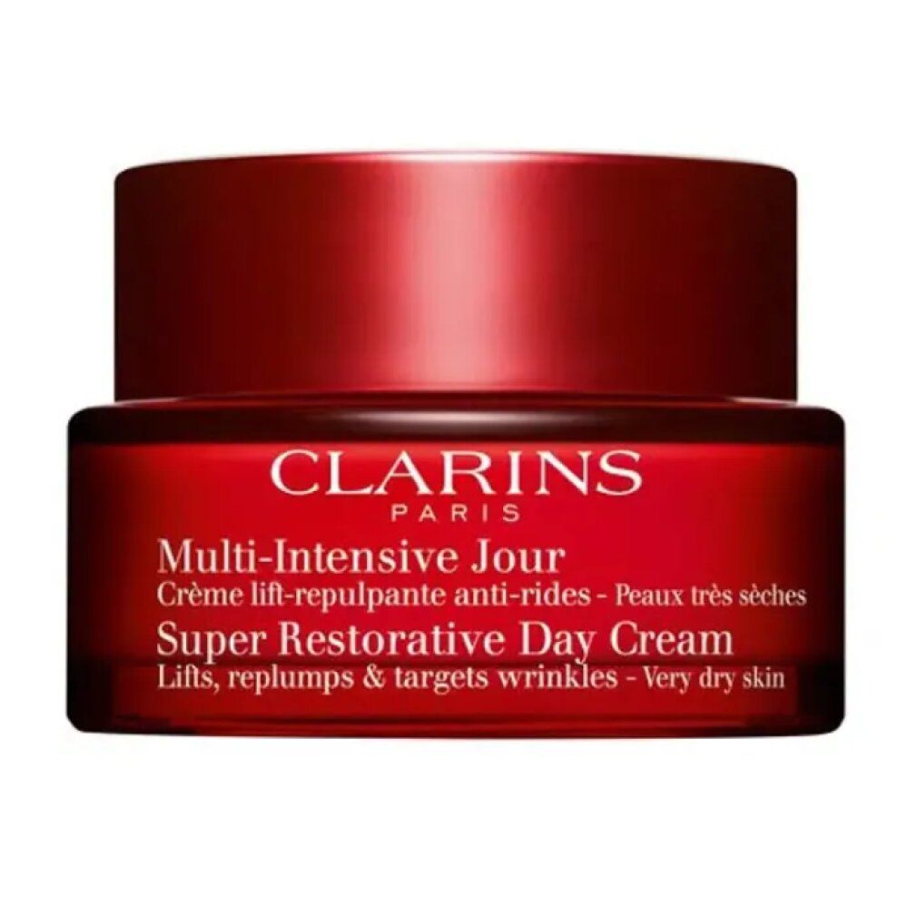 Roter Tiegel mit Creme. Text: Clarins, Multi-Intensive Jour, Super Restorative Day Cream.