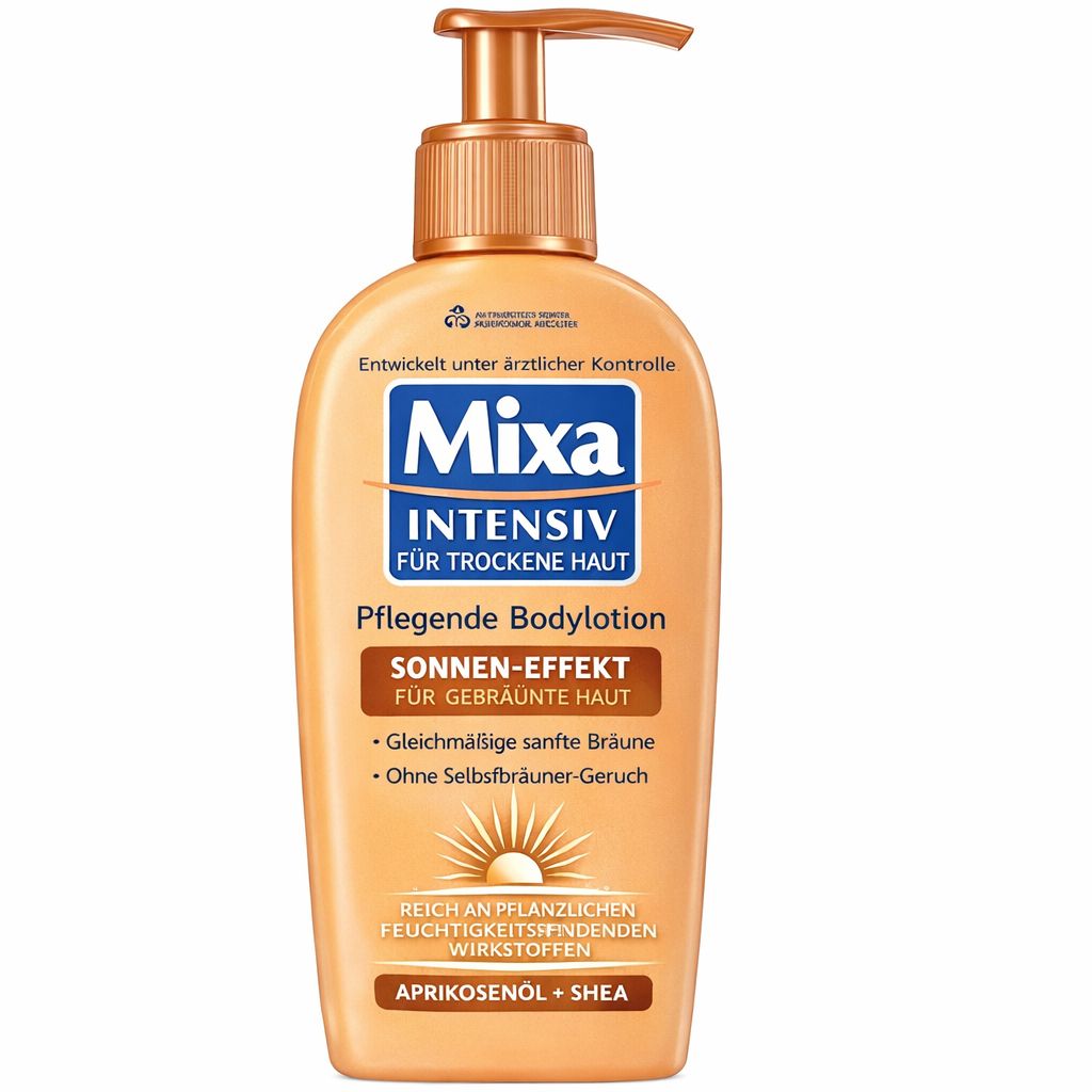 Beige Flasche mit Dosierpumpe. Aufschrift: MIXA INTENSIV, Pflege Bodylotion, Sonnen-Effekt für trockene Haut. Mit Sonnen-Symbol.