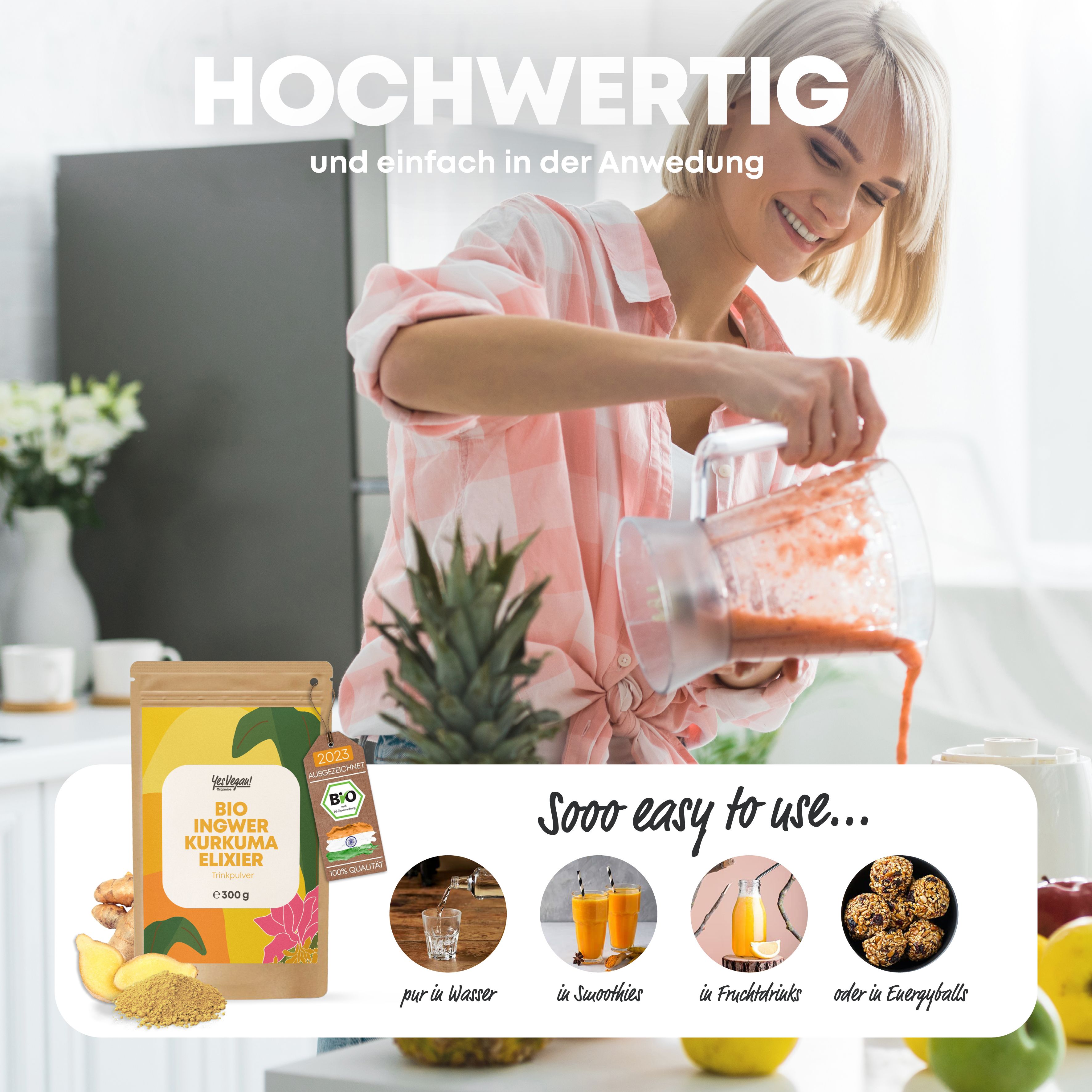 Bio Ingwer Shot mit Kurkuma - Immun Boost hochdosiert I 300 Portionen I Ingwer Kurkuma Shot Pulver