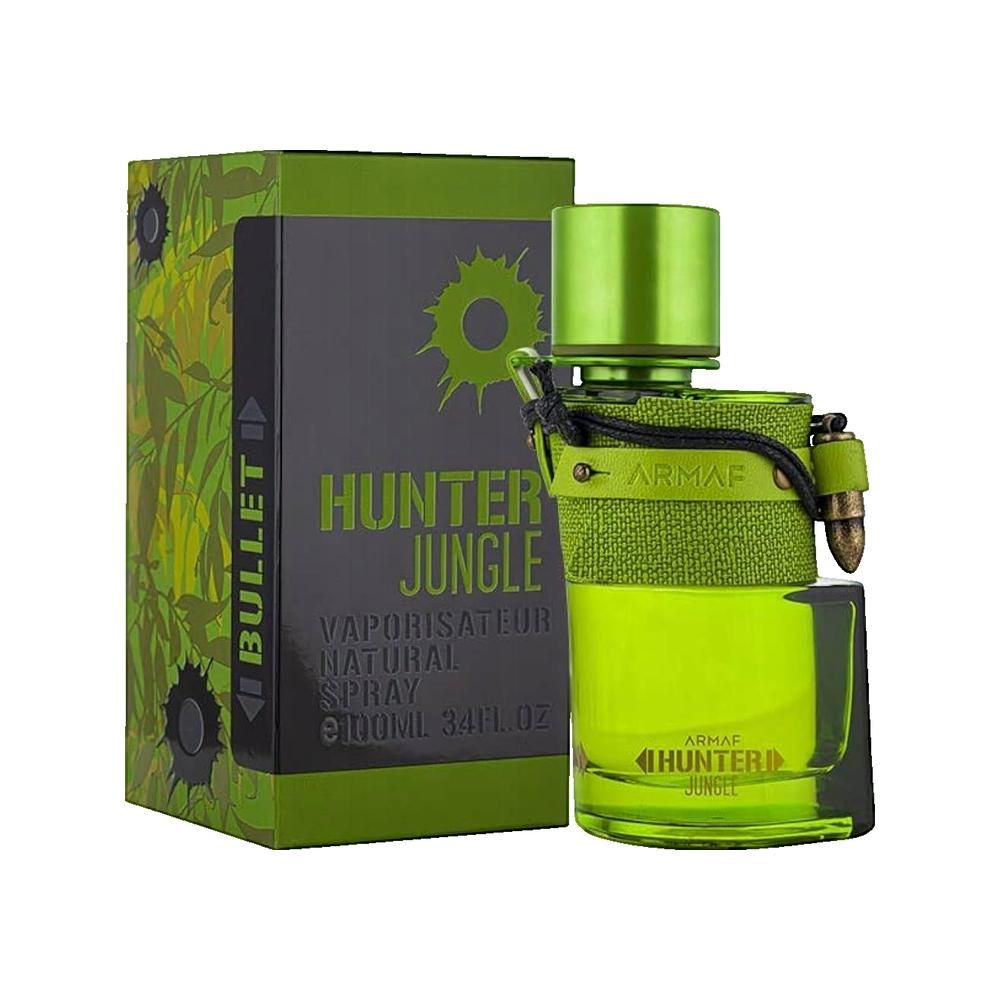 Grüne Flasche und Schachtel mit "Hunter Jungle"-Aufdruck. Die Flasche hat eine grüne Kappe und einen schwarzen Riemen. Die Schachtel hat ein grünes Muster.