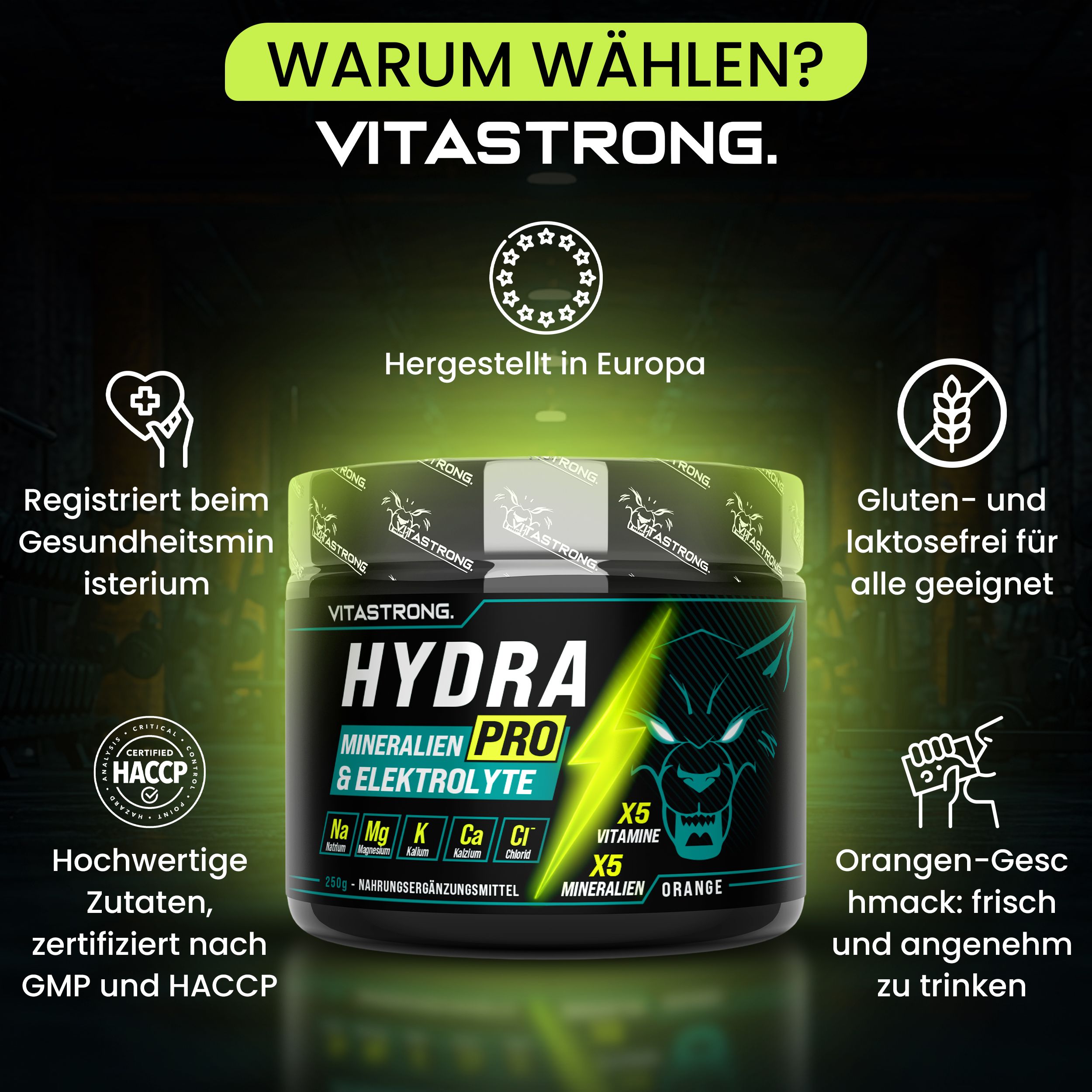 Dose Vitastrong Hydra Pro. Text: Warum wählen? Hergestellt in Europa. Zertifizierungen. Orangen-Geschmack.