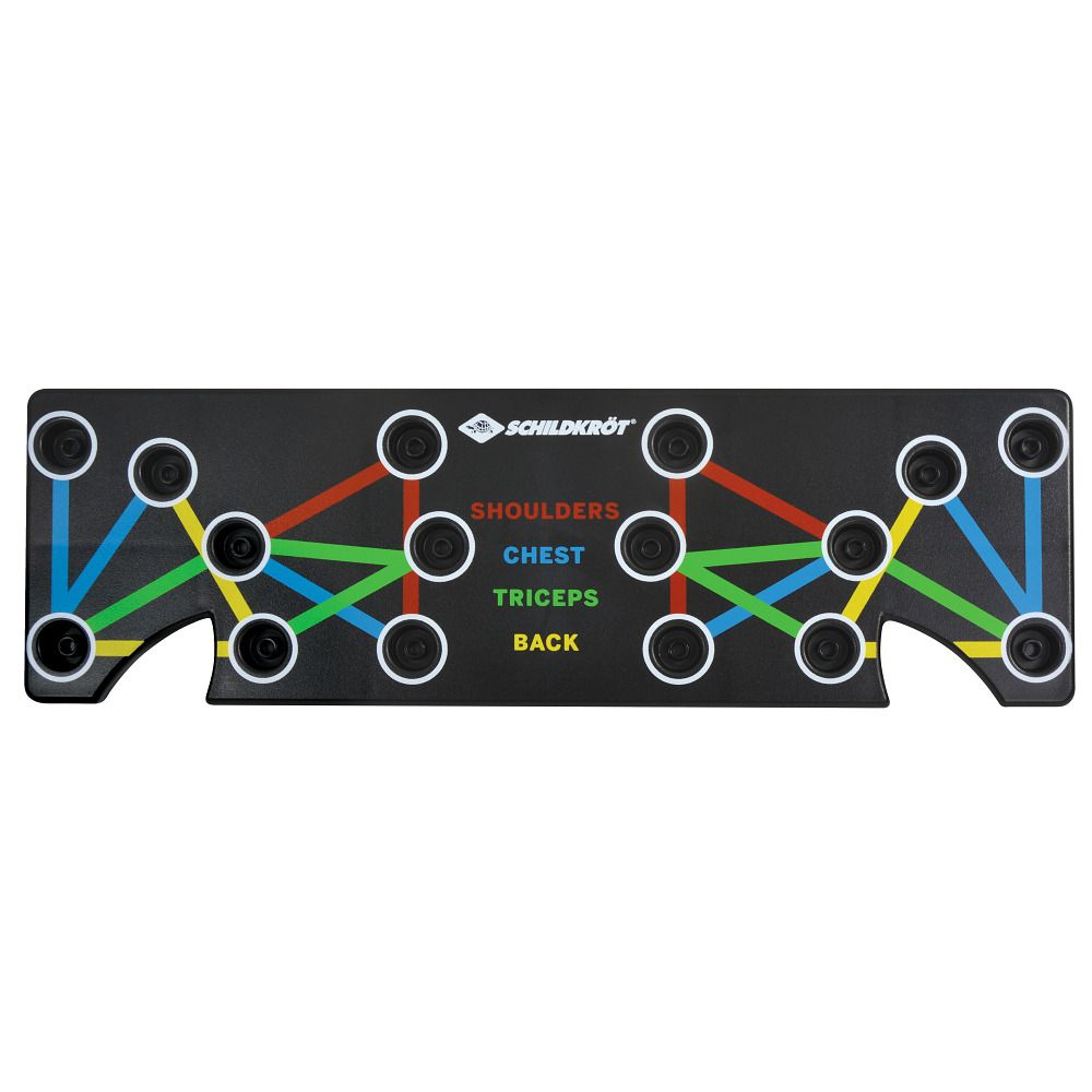 Schwarzes Push-Up-Board mit farbigen Linien für Schultern, Brust, Trizeps und Rücken. Griffe sind abnehmbar.