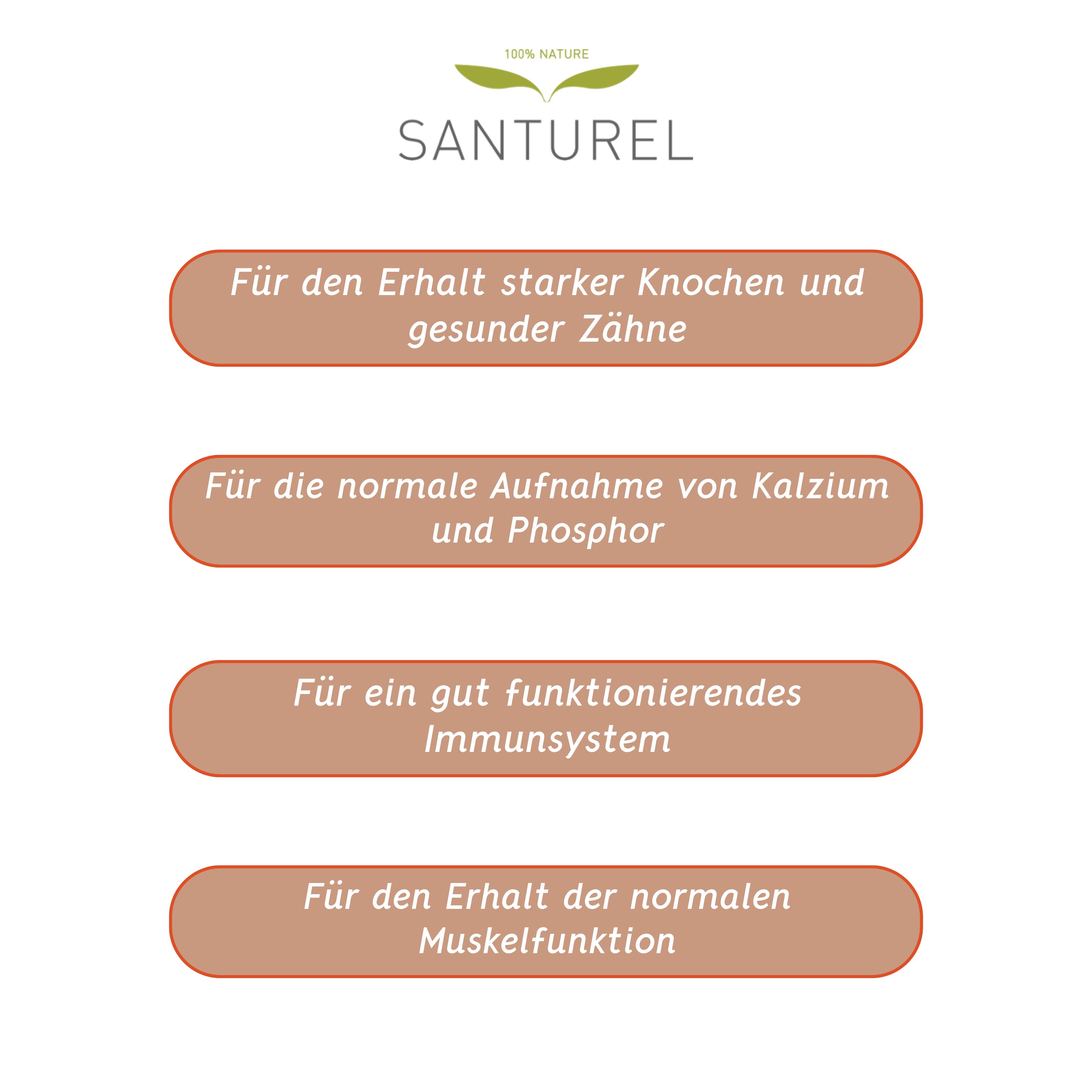 Textfelder: Für starke Knochen, Calciumaufnahme, Immunsystem, Muskelfunktion.