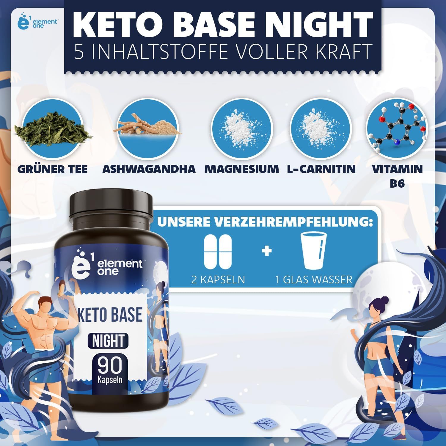 Dunkle Flasche mit Kapseln. Aufschrift: Keto Base Night. Inhaltsstoffe: Grüner Tee, Ashwagandha, Magnesium, L-Carnitin, Vitamin B6. Verzehrempfehlung: 2 Kapseln mit Wasser.