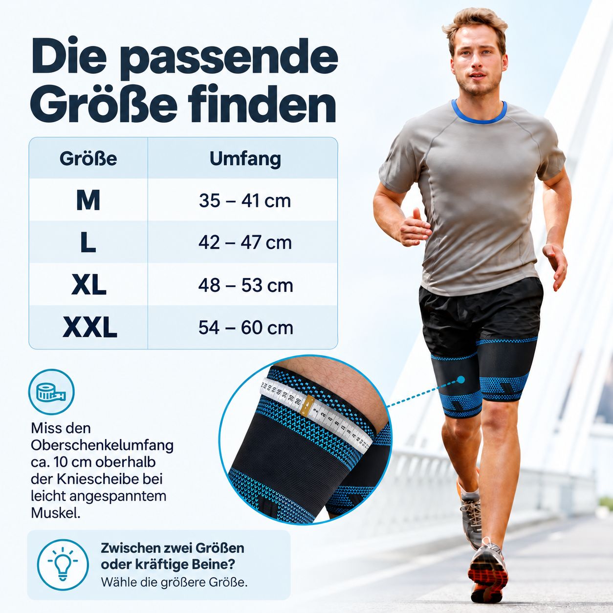 AGILE NOW Oberschenkelbandagen in Größe L, getragen von einem Läufer. Größentabelle.