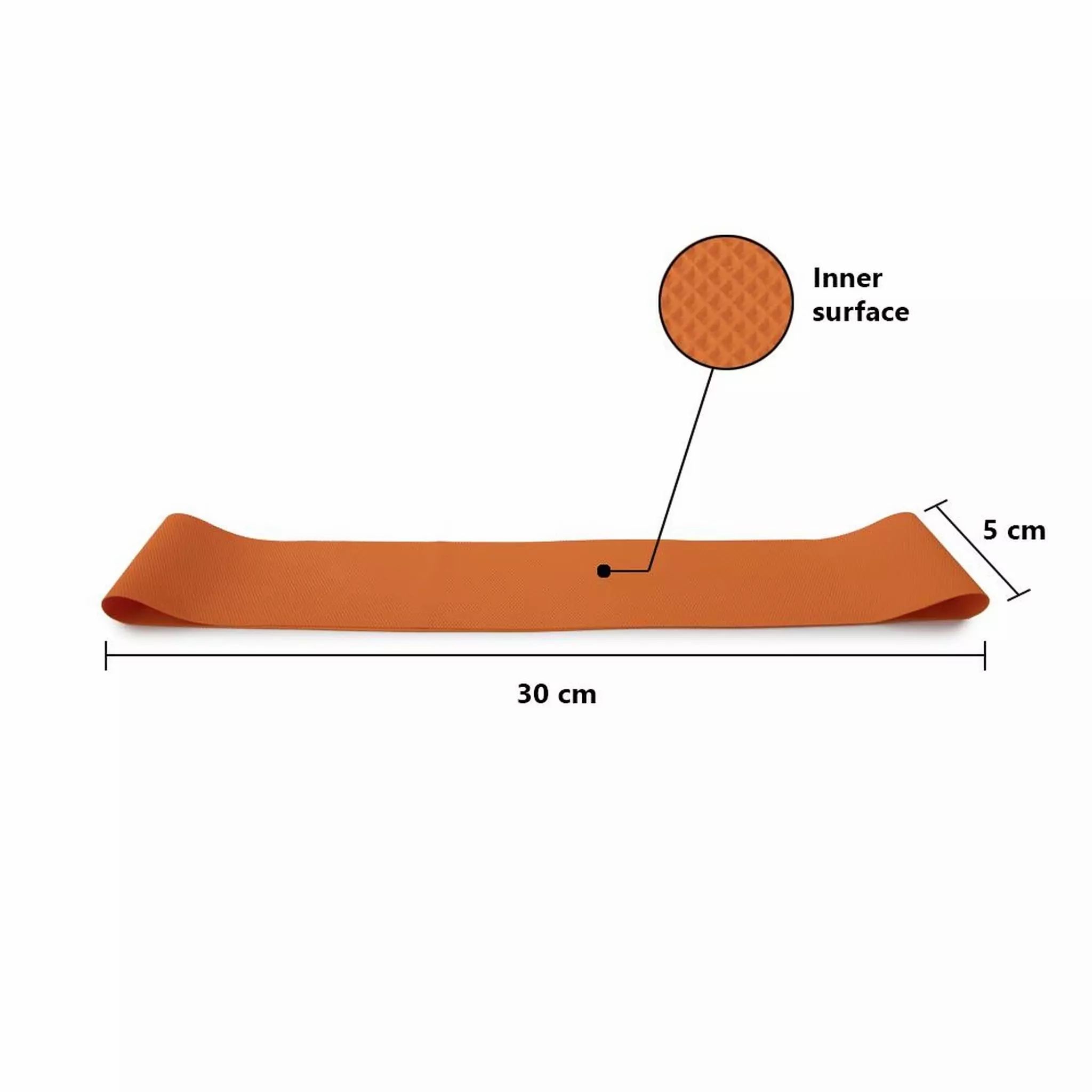 Orangefarbenes Widerstandsband. 30 cm lang, 5 cm breit. Innenseite mit Musterung.