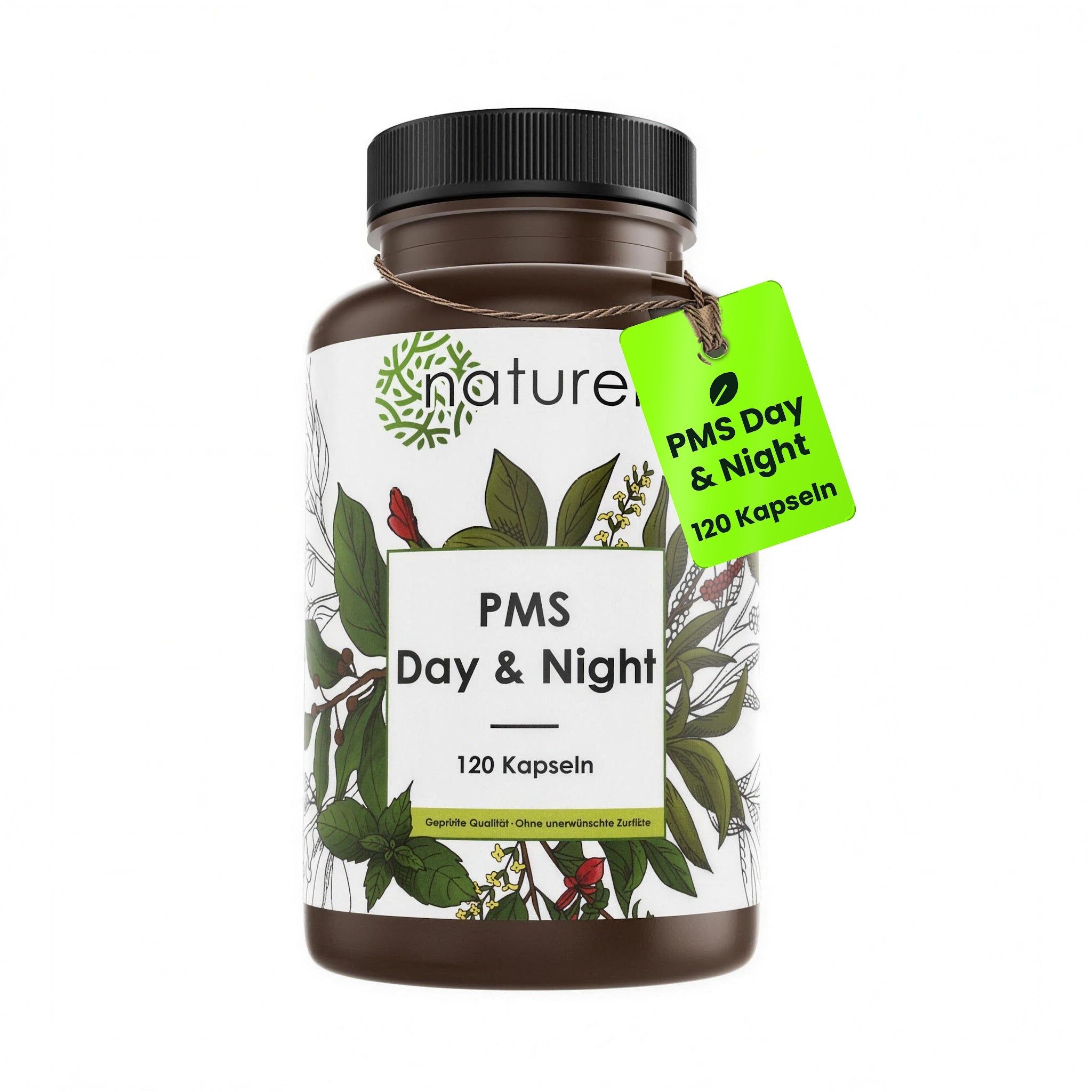 Flasche mit 120 Kapseln 'PMS Day & Night' mit detaillierter botanischer Illustration auf dem Etikett.