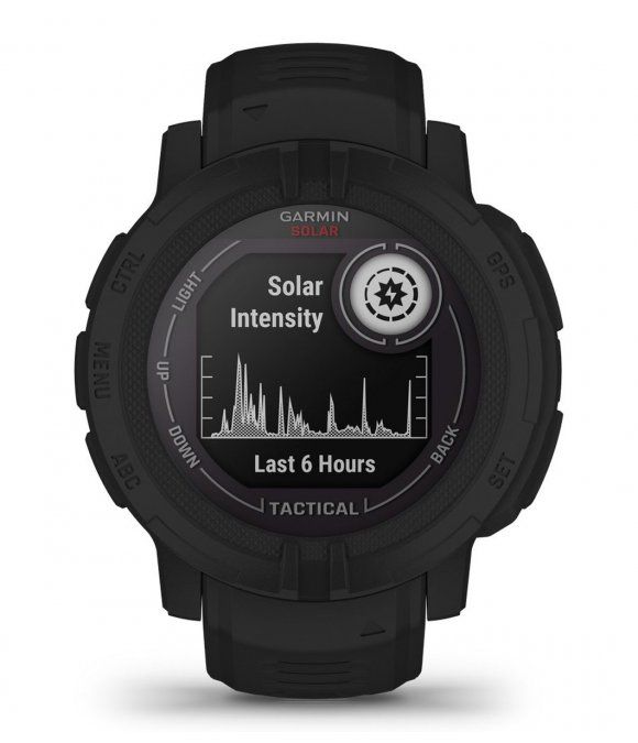 Schwarze Garmin Instinct 2 Solar Tactical Uhr. Anzeige mit Solar Intensität und Diagramm der letzten 6 Stunden. TACTICAL Schriftzug.