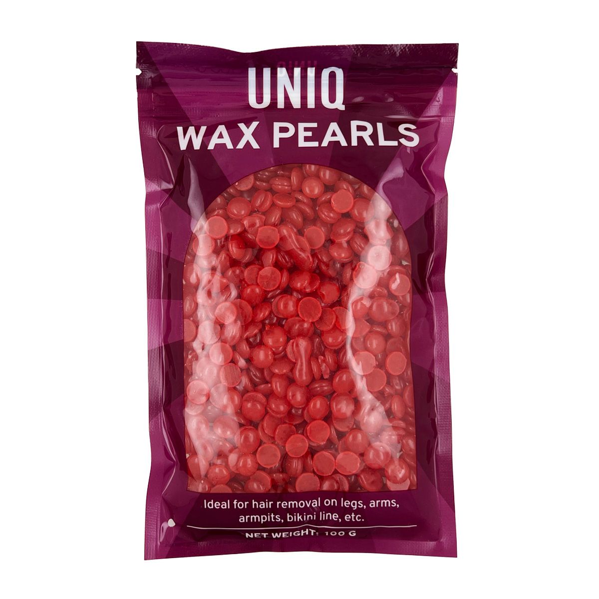 Beutel mit roten Wachsperlen. UNIQ-Logo oben. Text: Wax Pearls. Ideal für Haarentfernung an Beinen, Armen, Achseln, Bikinizone usw.