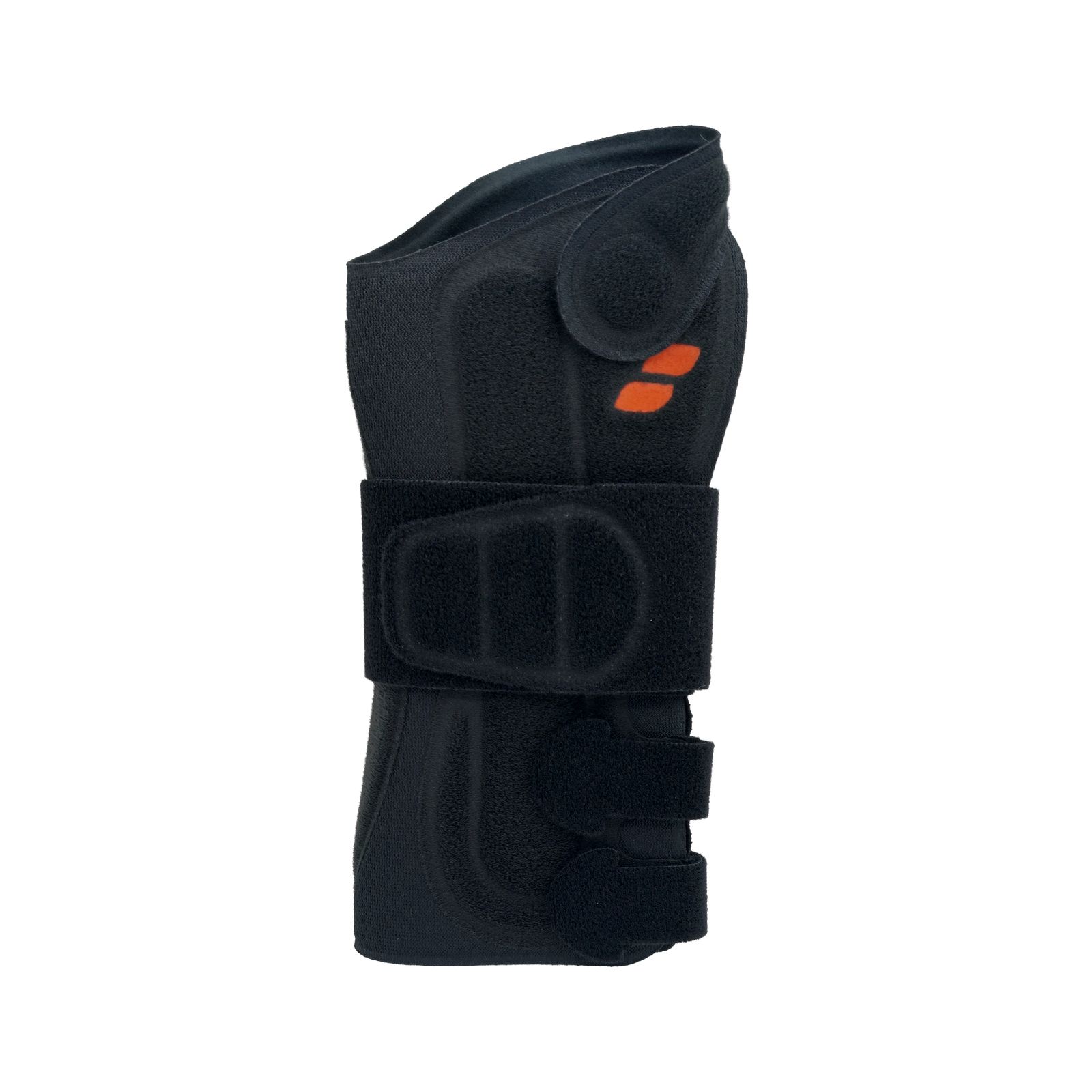 Schwarze Handgelenkorthese. Klettverschlüsse und orangefarbenes Logo. Blick auf die Innenseite.