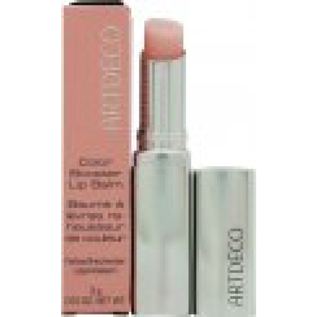 Lippenbalsam mit Verpackung. Silberfarbene Hülse, rosa Lippenstift. Marke ARTDECO. Text: Color Booster Lip Balm.