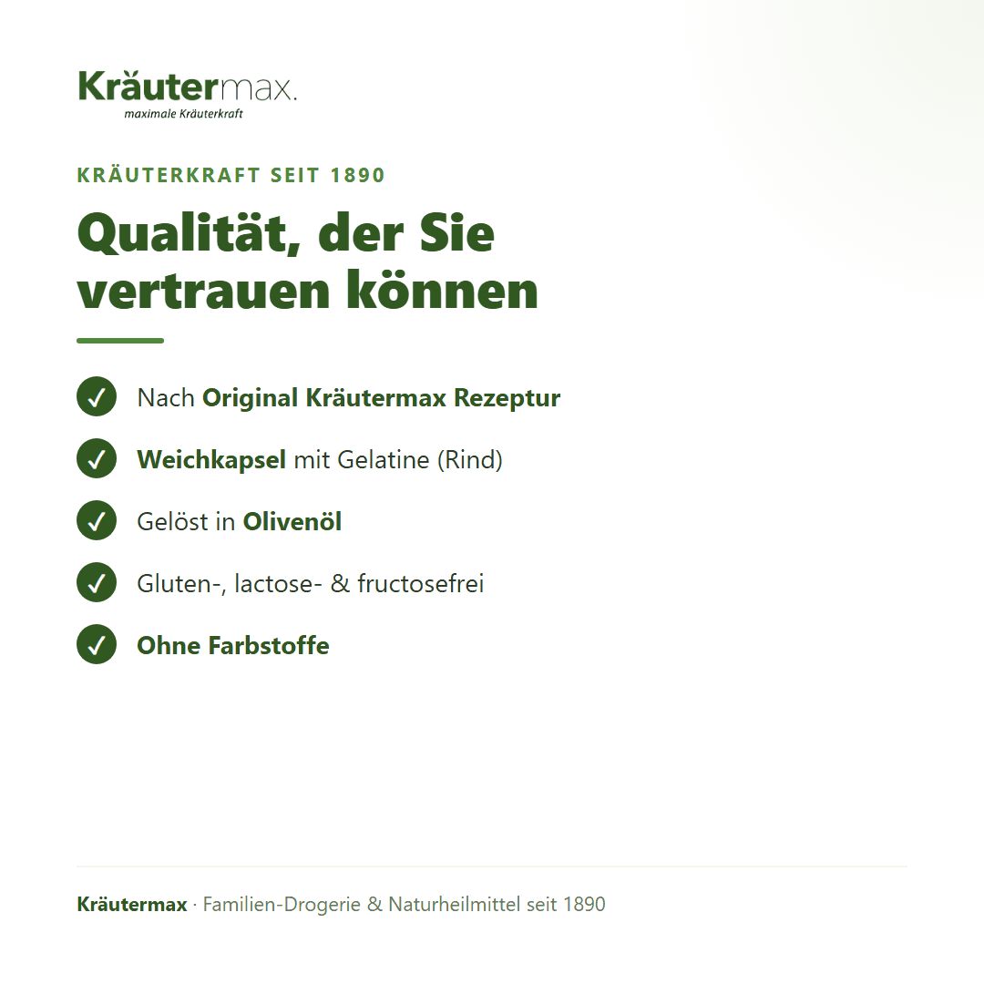 Liste mit Qualitätsmerkmalen: Nach Originalrezeptur, Weichkapsel in Gelatine, gelöst in Olivenöl, glutenfrei, ohne Farbstoffe.