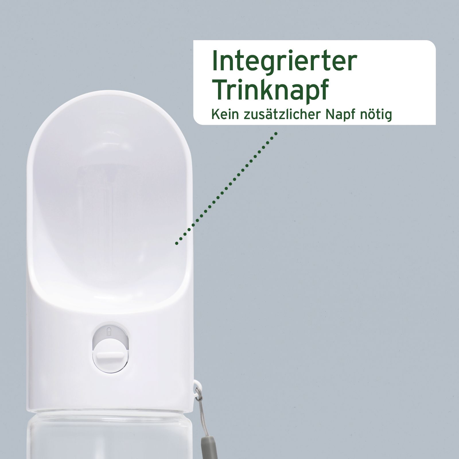 Weiße Trinkflasche mit integriertem Napf und einem Knopf zur Wasserfreigabe.