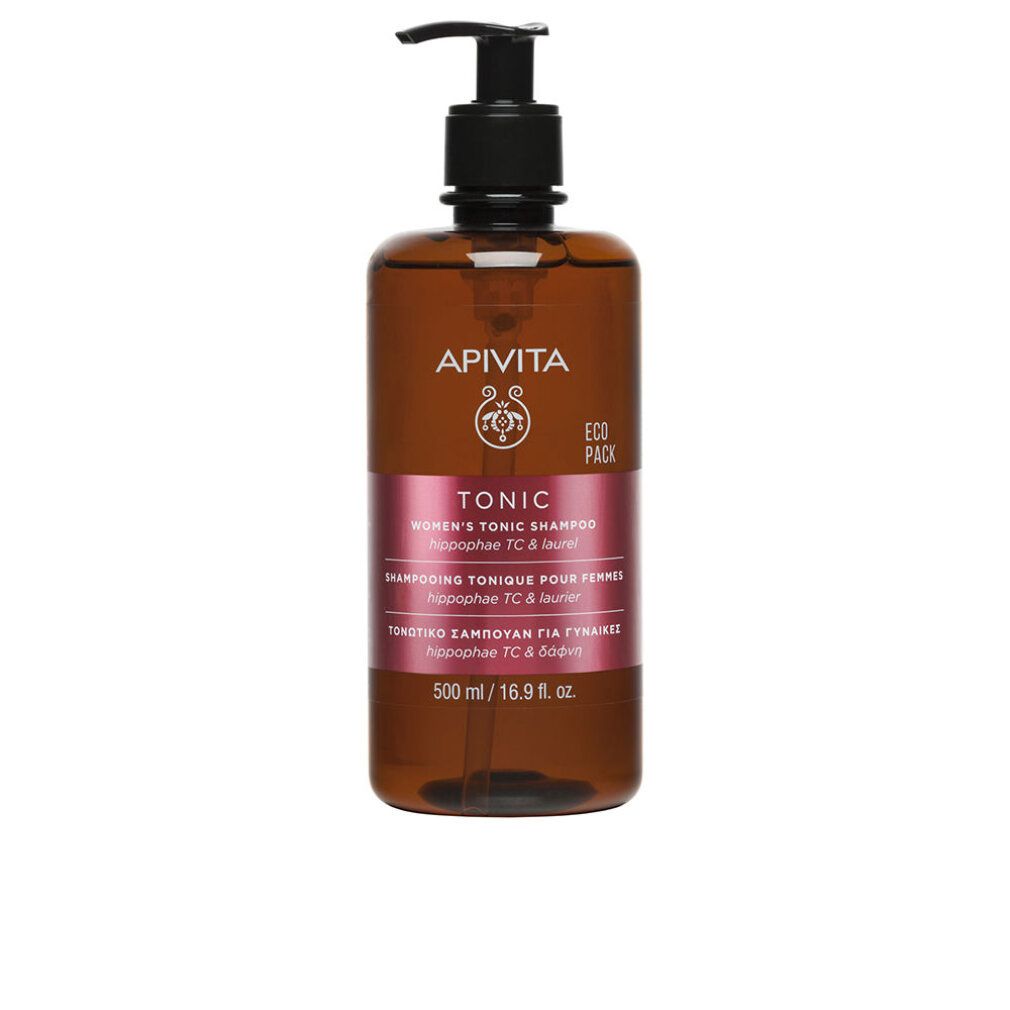 Braune Flasche mit schwarzem Pumpkopf. Aufschrift: APIVITA, TONIC, Shampoo, 500 ml.