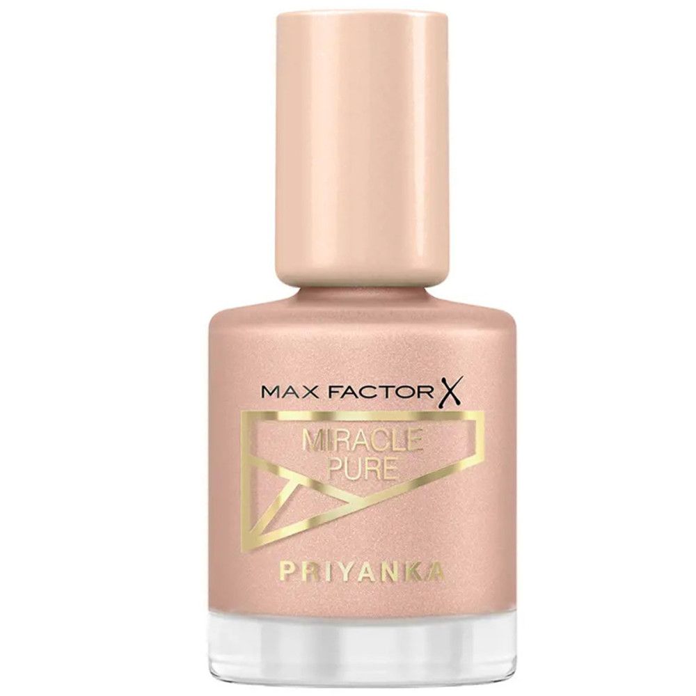Nagellackflasche mit hellrosa Inhalt. Aufschrift: Max Factor, Miracle Pure, Priyanka.