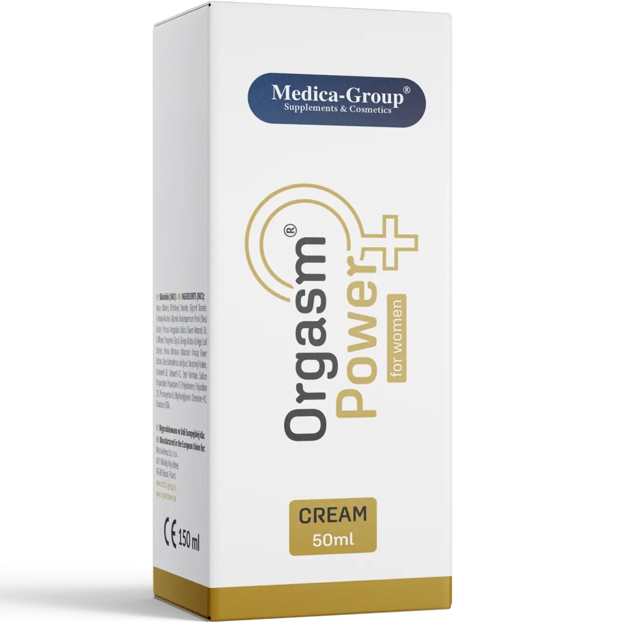 Weiße Schachtel. Aufschrift: Orgasm Power for women, Creme 50ml. Marke: Medica-Group. Goldfarbenes Logo und Text.