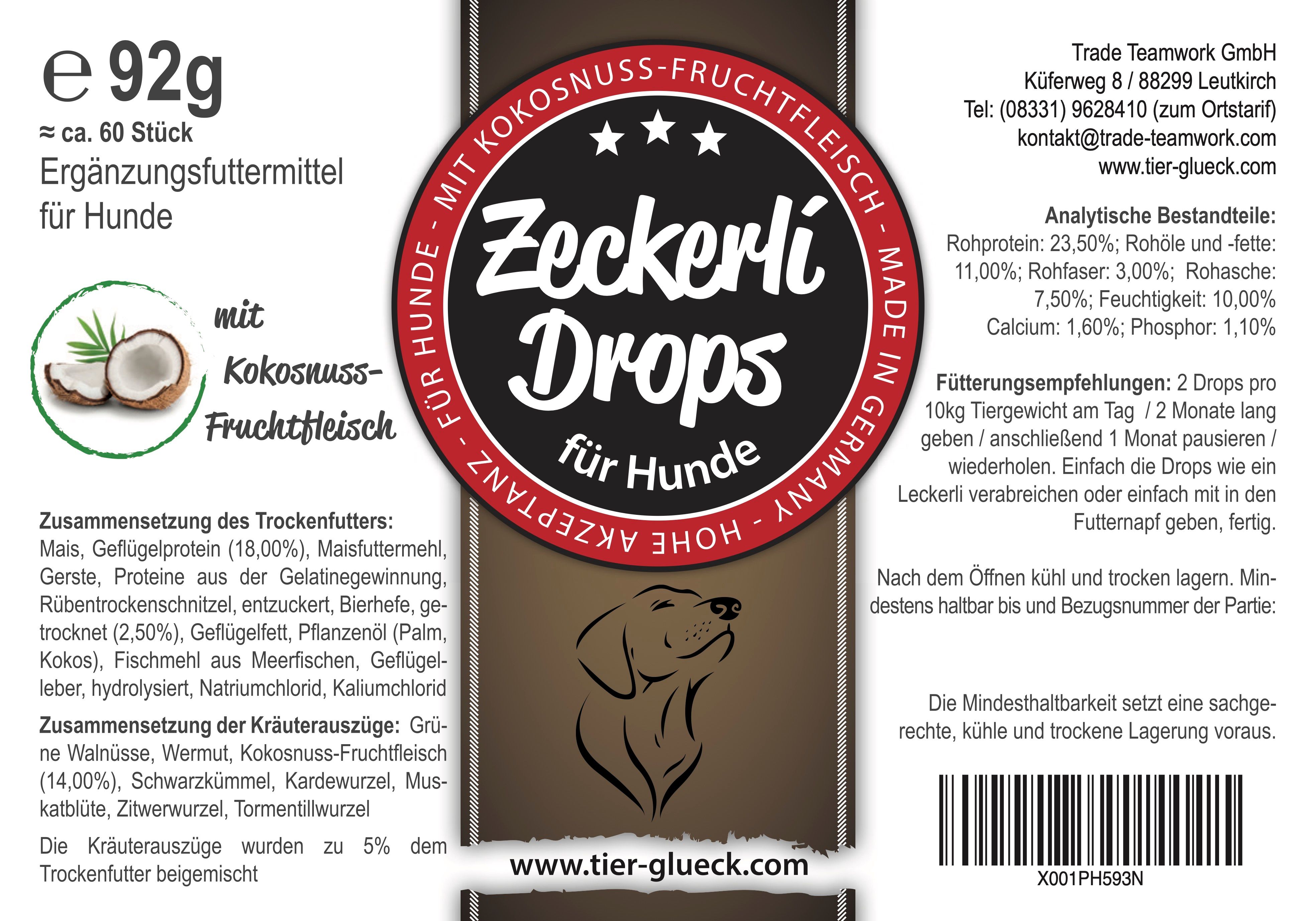 Etikett mit Produktinformationen. Zeckerli Drops für Hunde, mit Kokosnuss-Fruchtfleisch. Inhaltsstoffe, Fütterungsempfehlung.