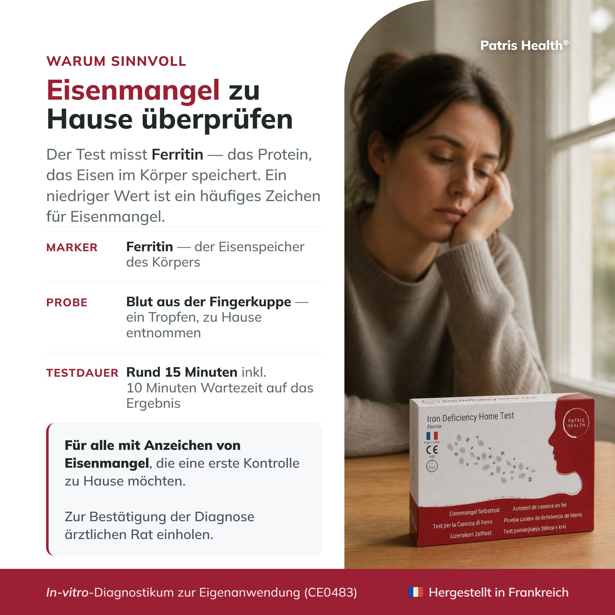 Informationen über die Vorteile des Eisenmangel Selbsttests von Patris Health.
