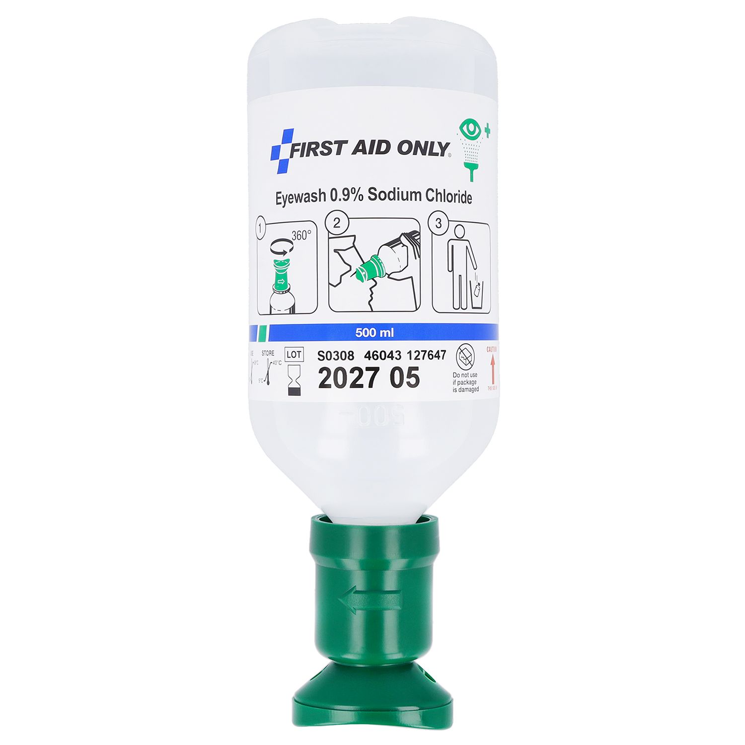 Augenspülflasche mit grünem Fuß und weißem Behälter. Beschriftung: First Aid Only, Eyewash 0.9% Sodium Chloride. Illustrationen zur Anwendung.