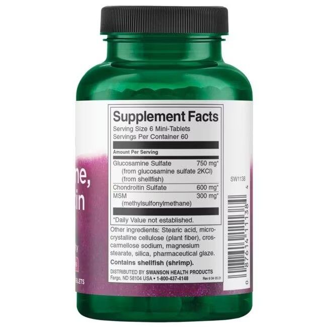 Rückseite der grünen Flasche. Etikett mit Nährwertangaben. Enthält Glucosamin, Chondroitin, MSM. 60 Portionen.