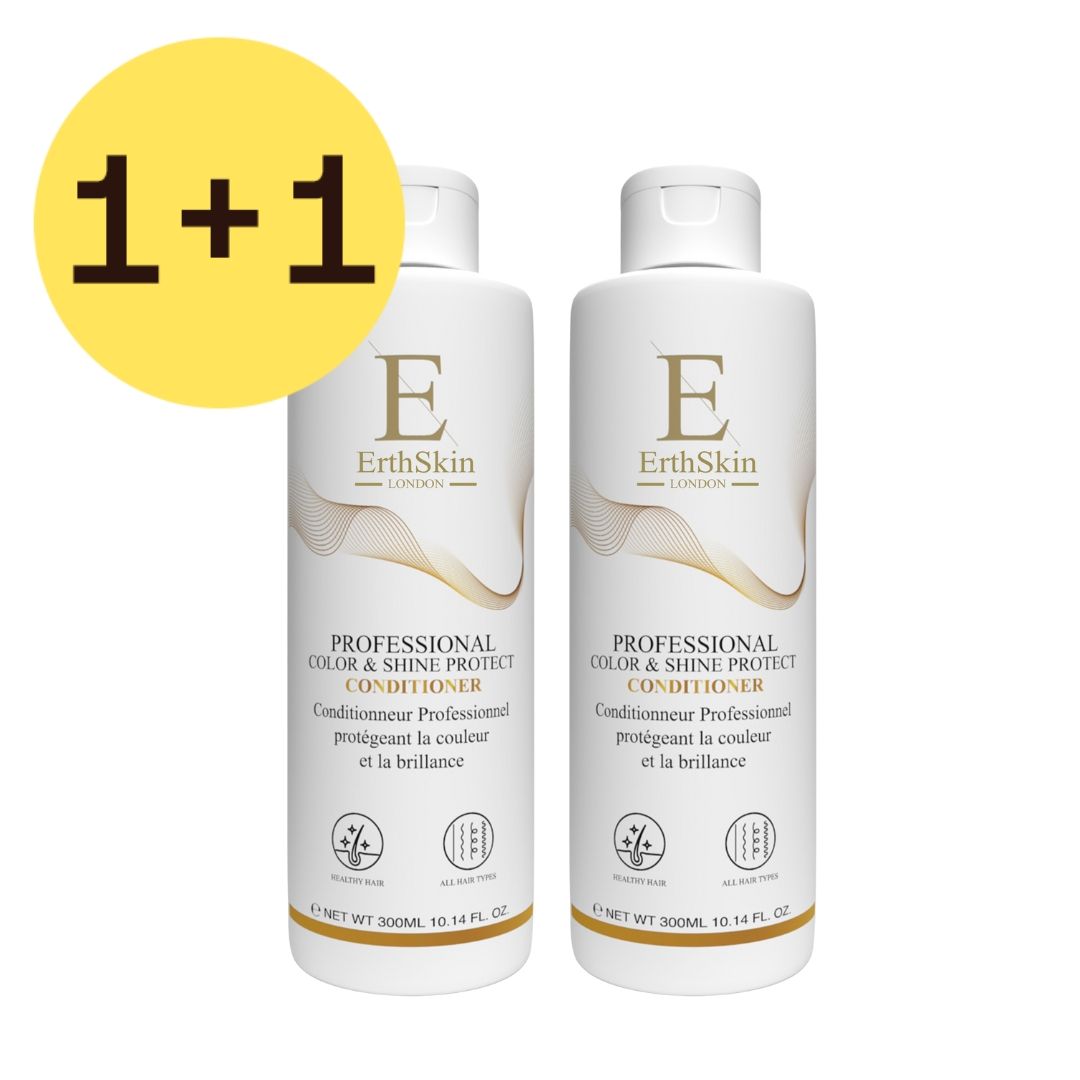 Zwei Flaschen ErthSkin London Conditioner. Weiß, mit goldfarbenen Details und Produktinformationen. Auf gelbem Hintergrund mit "1+1" Aufkleber.