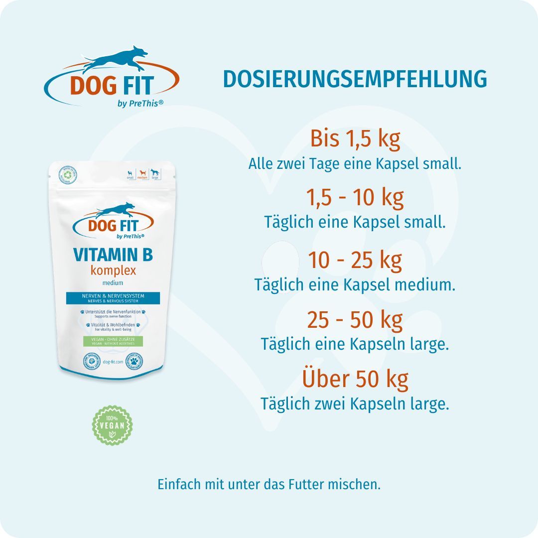 Produkt DOG FIT by PreThis® VITAMIN B für Hunde. Verpackung mit Text: VITAMIN B komplex medium. Dosierungsempfehlung: small, medium, large. Vegan-Siegel.