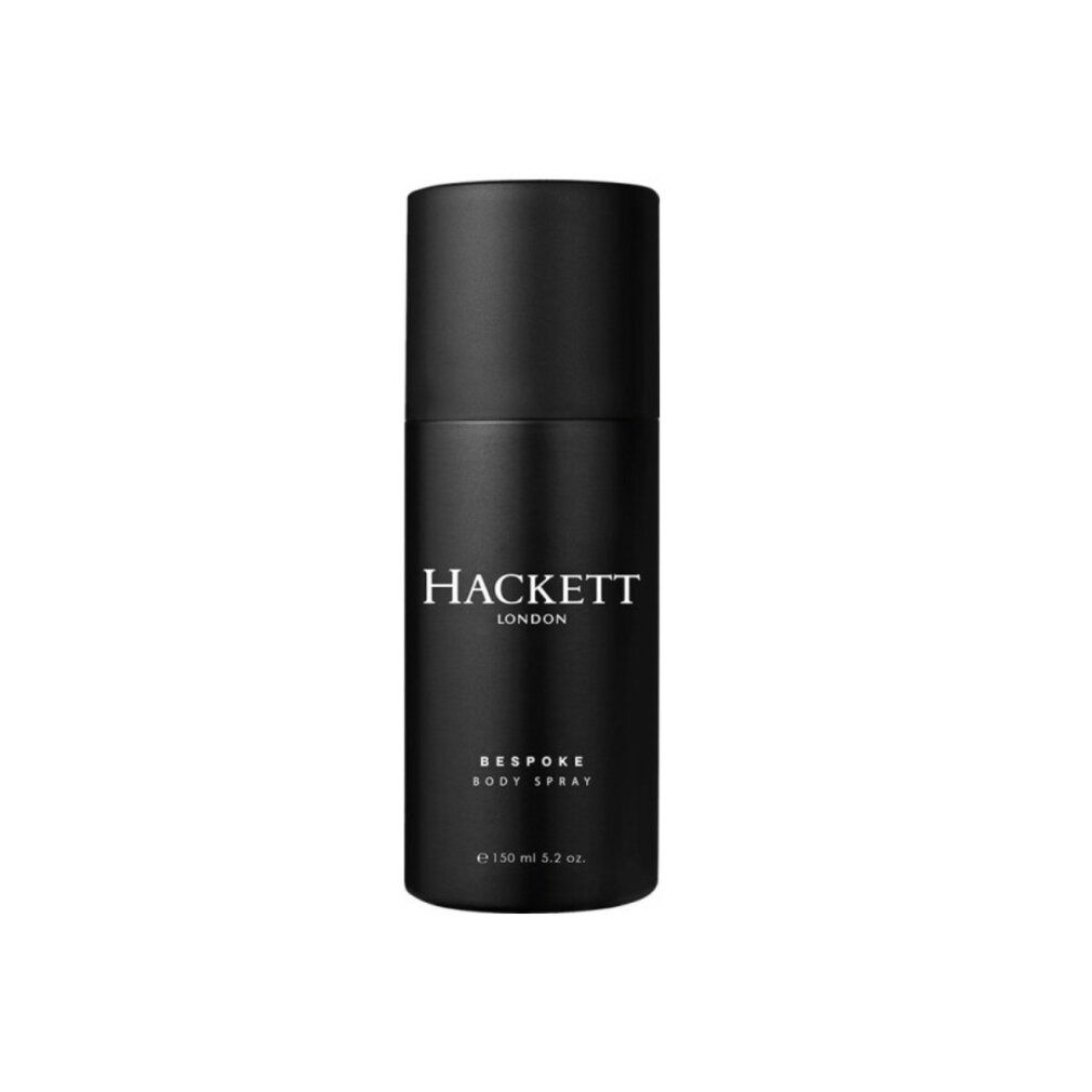 Schwarze Sprühflasche mit weißem "HACKETT LONDON"-Logo und "BESPOKE BODY SPRAY"-Text. Unten: "e 150 ml 5.2 oz."