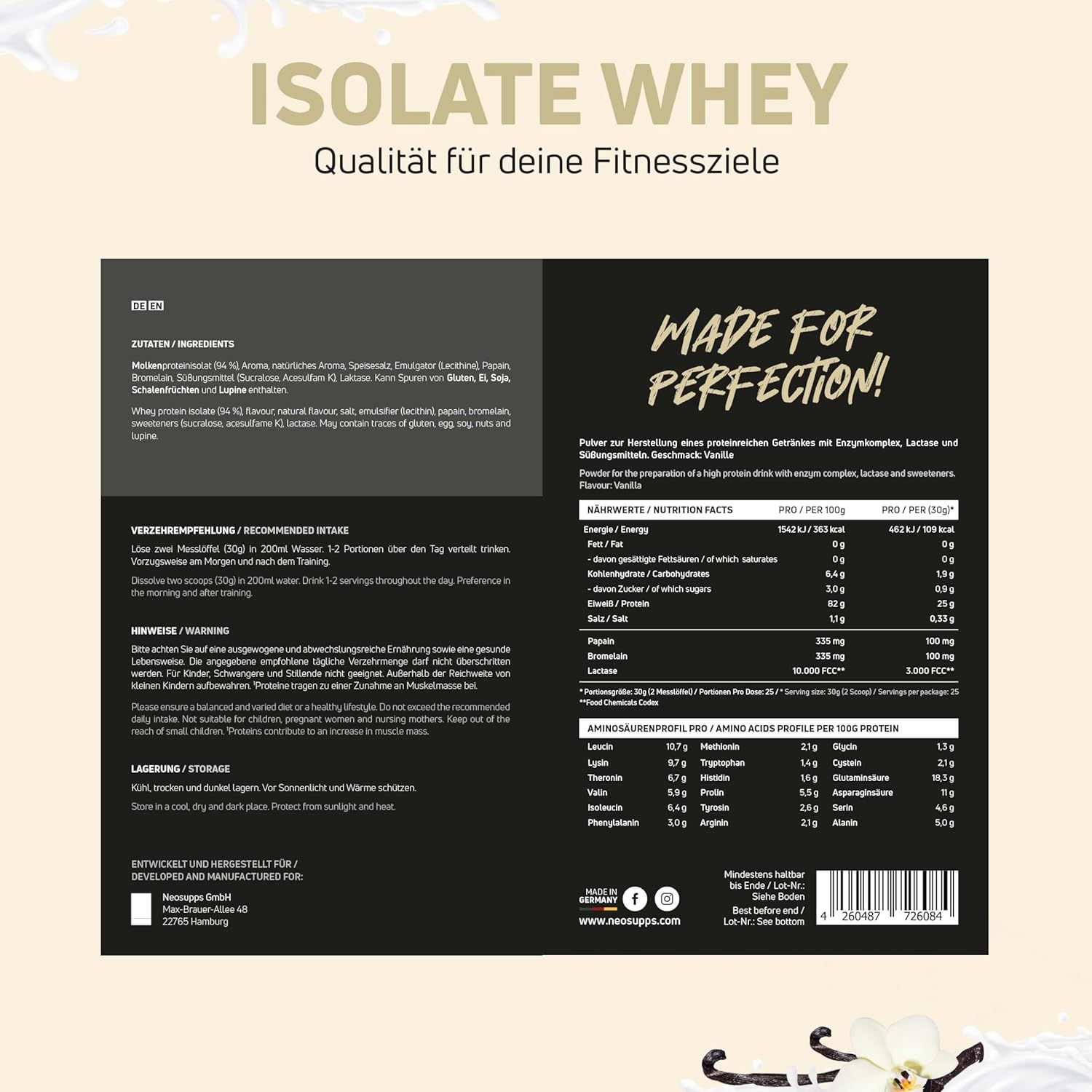 Rückseite der Isolate Whey Dose. Text: Inhaltsstoffe, Nährwertangaben, empfohlene Einnahme, Warnhinweise, Lagerung.