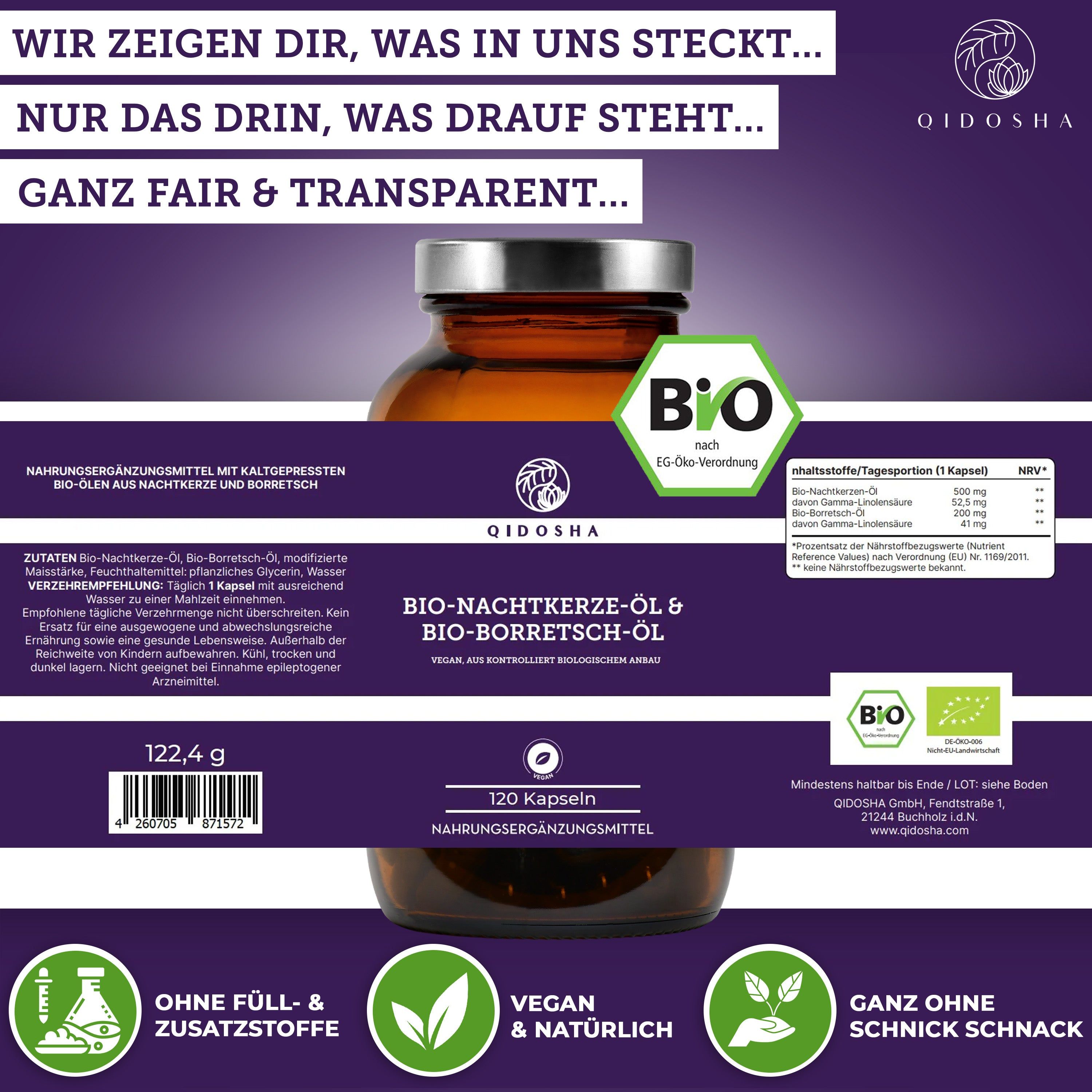 Qidosha Bio Nachtkerzen- & Borretsch-Öl Kapseln, 120 Stück.